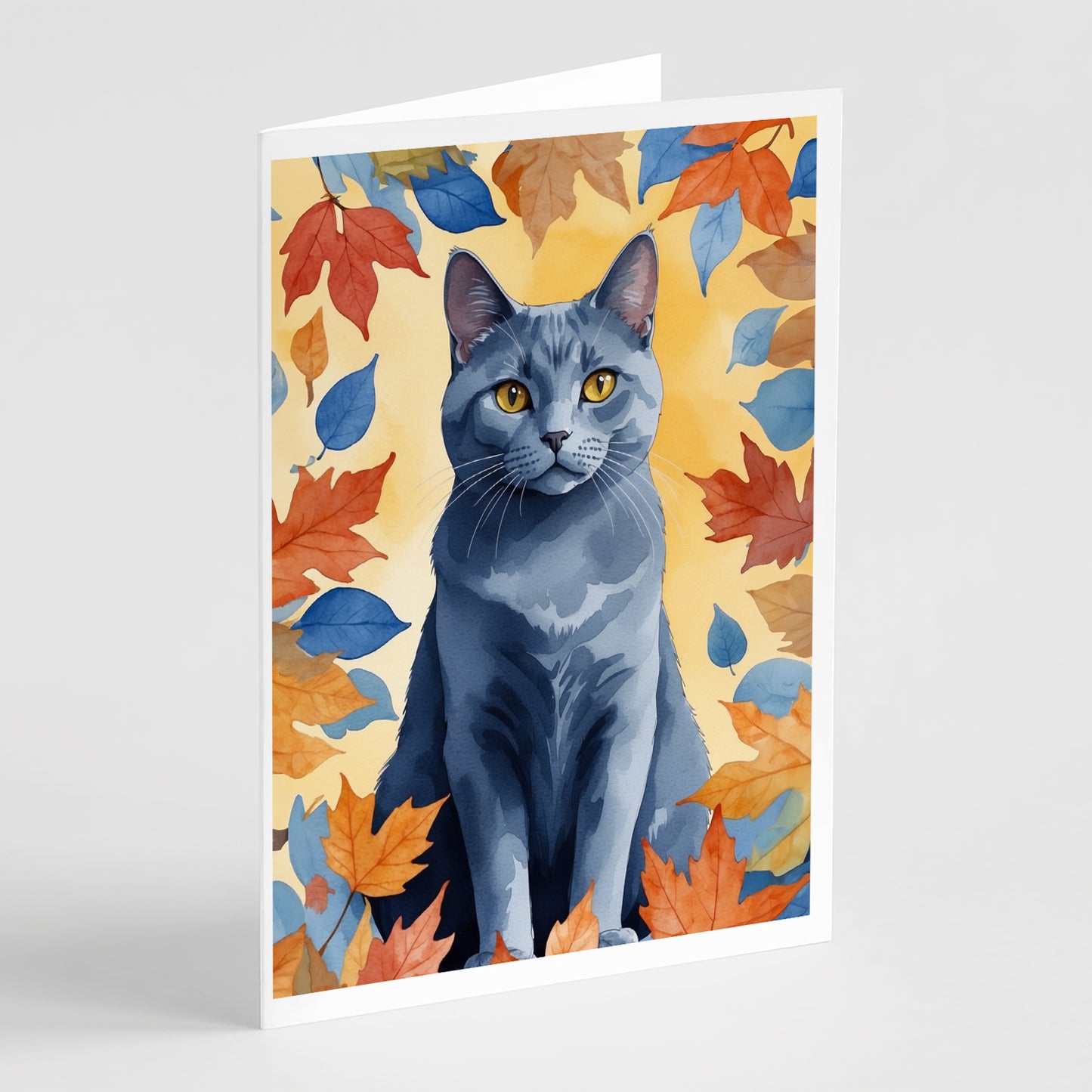 Buy this Chartreux Cat in Fall Leaves Greeting Cards Pack of 8