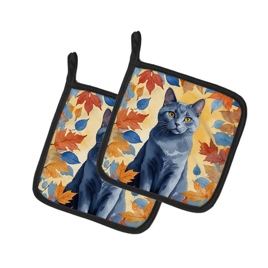 Buy this Chartreux Cat in Fall Leaves Pair of Pot Holders