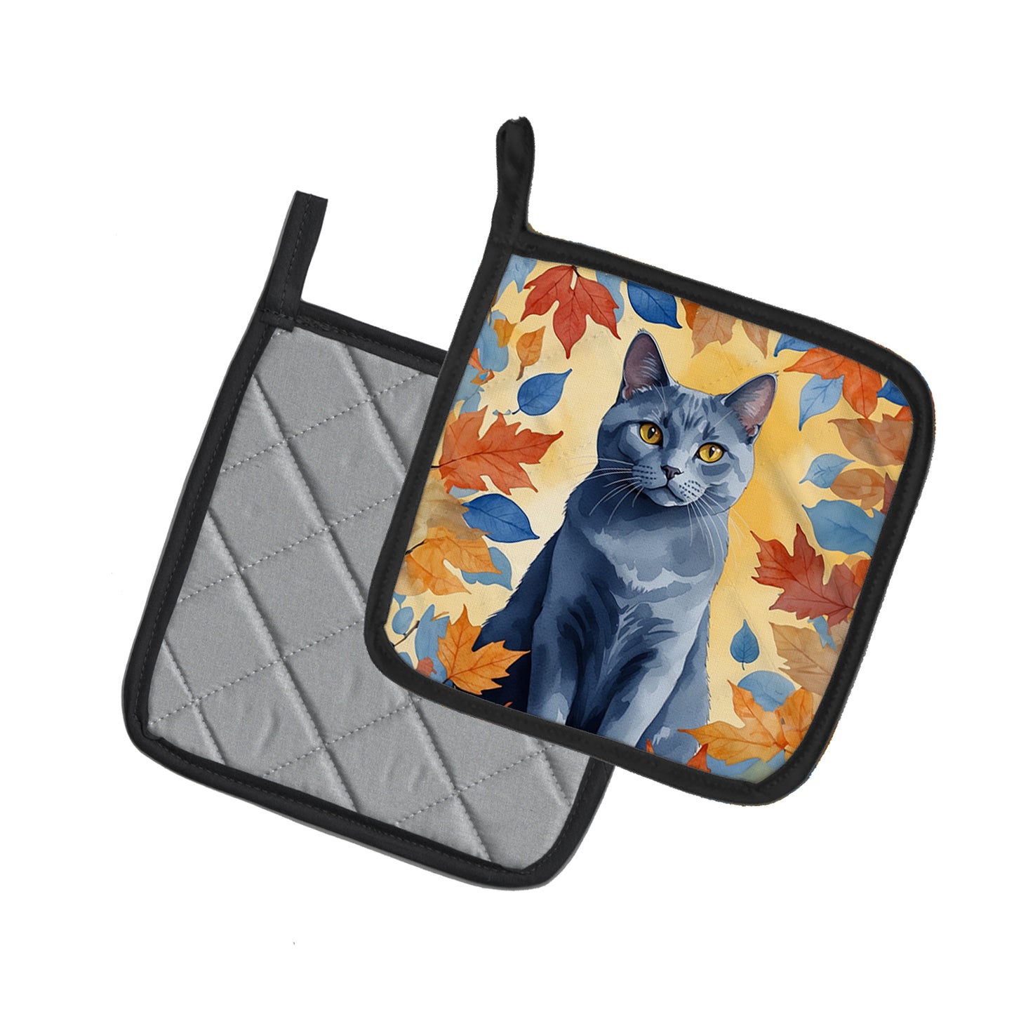 Chartreux Cat in Fall Leaves Pair of Pot Holders