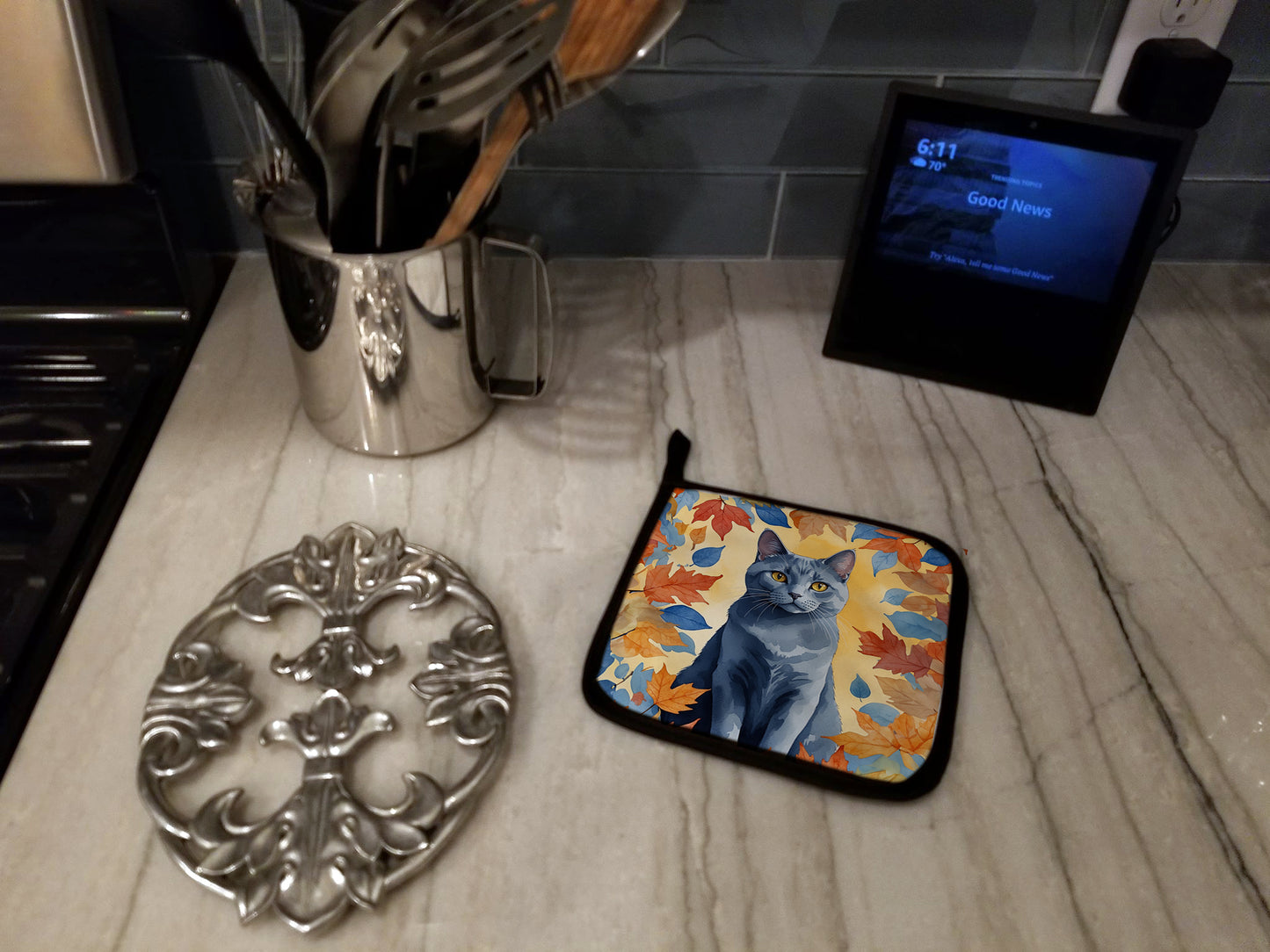 Chartreux Cat in Fall Leaves Pair of Pot Holders