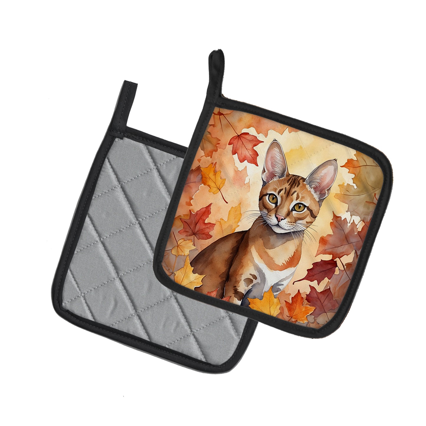 Chausie Cat in Fall Leaves Pair of Pot Holders