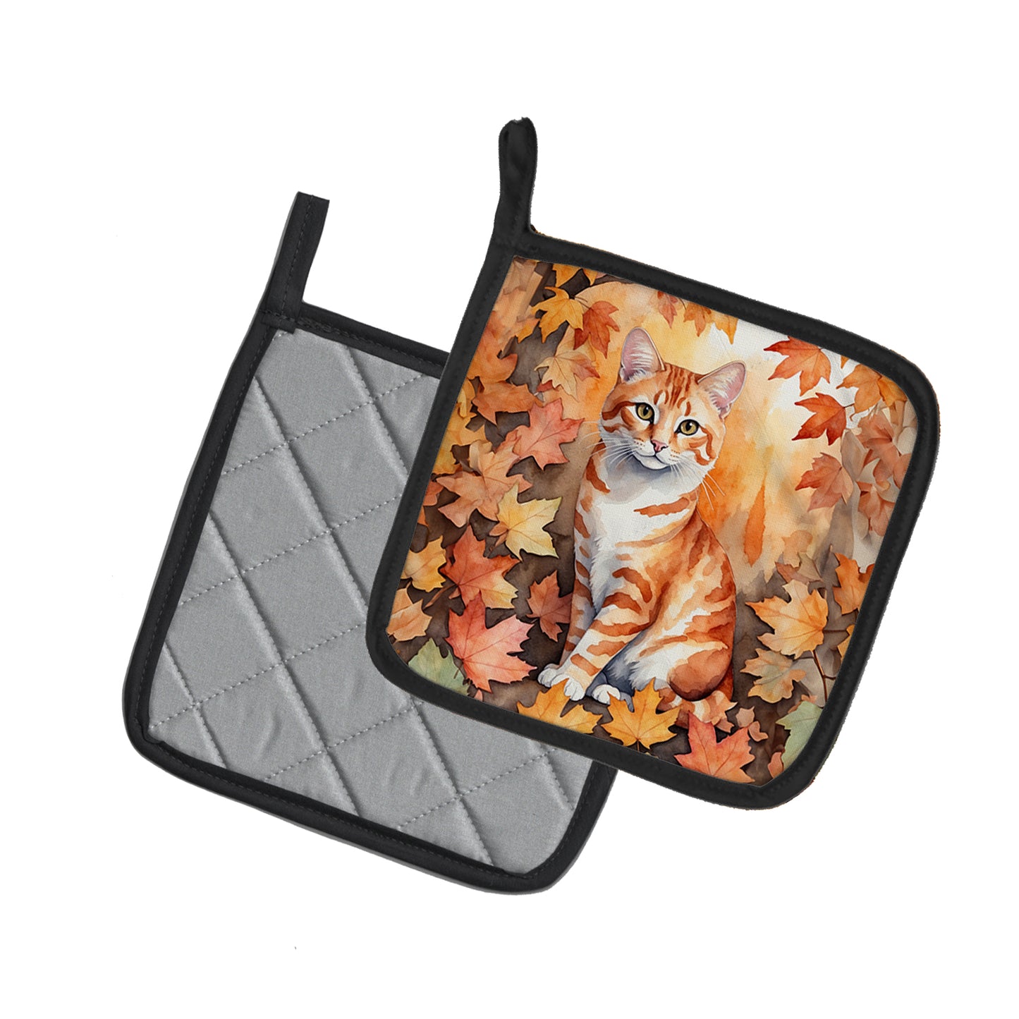 Cheetoh Cat in Fall Leaves Pair of Pot Holders
