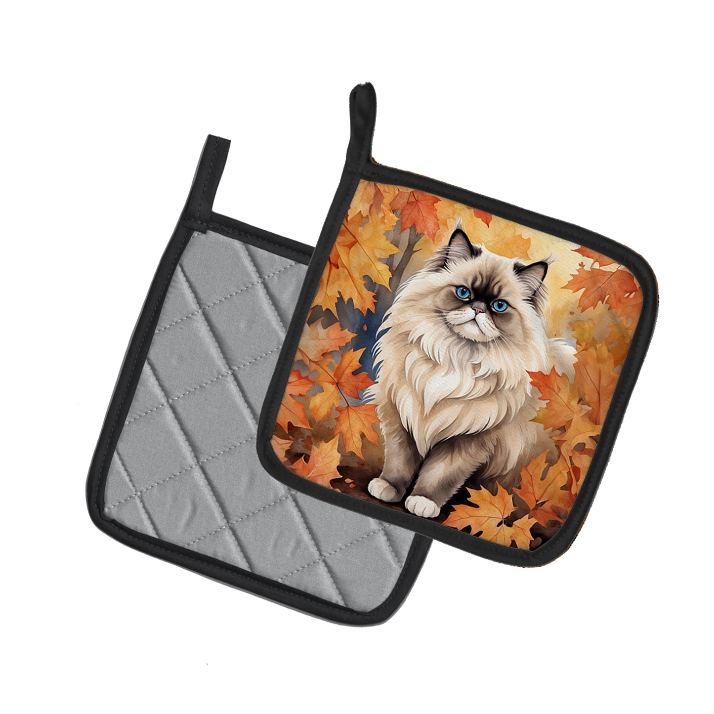 Colorpoint Longhair Cat in Fall Leaves Pair of Pot Holders