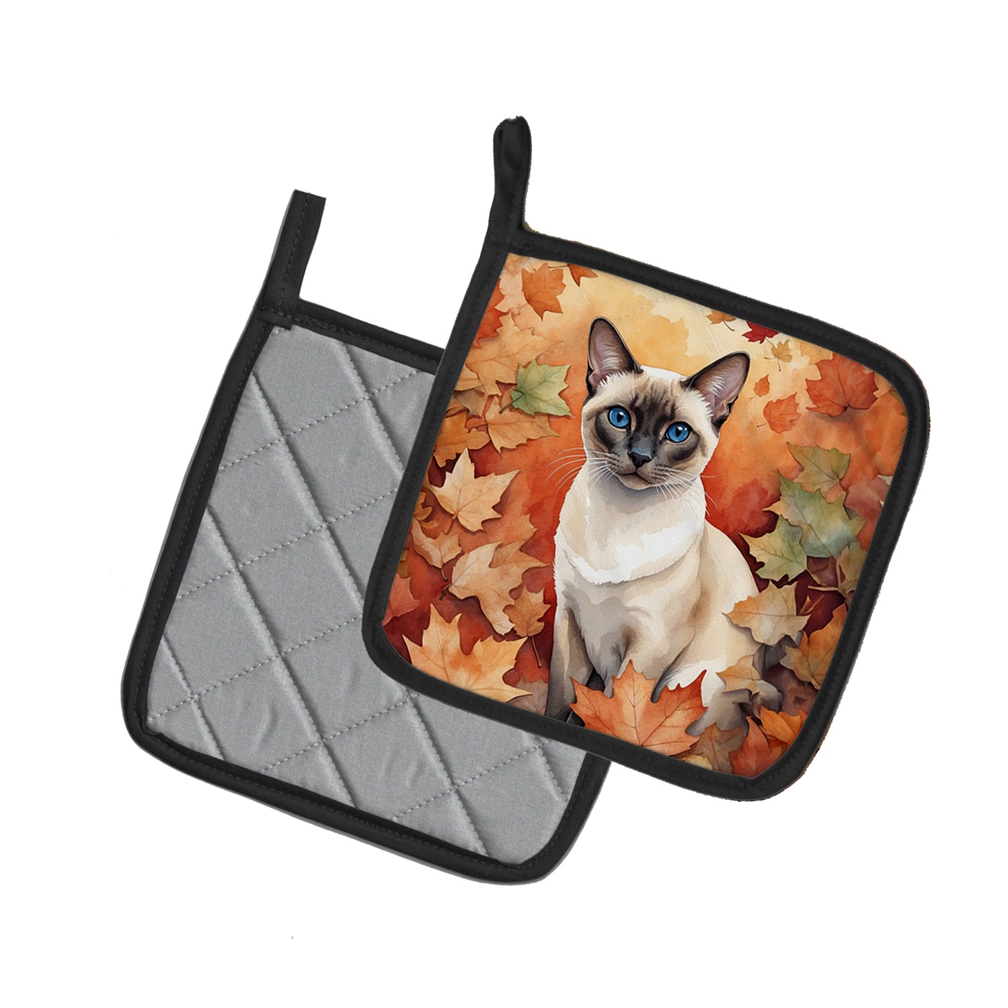 Colorpoint Shorthair Cat in Fall Leaves Pair of Pot Holders