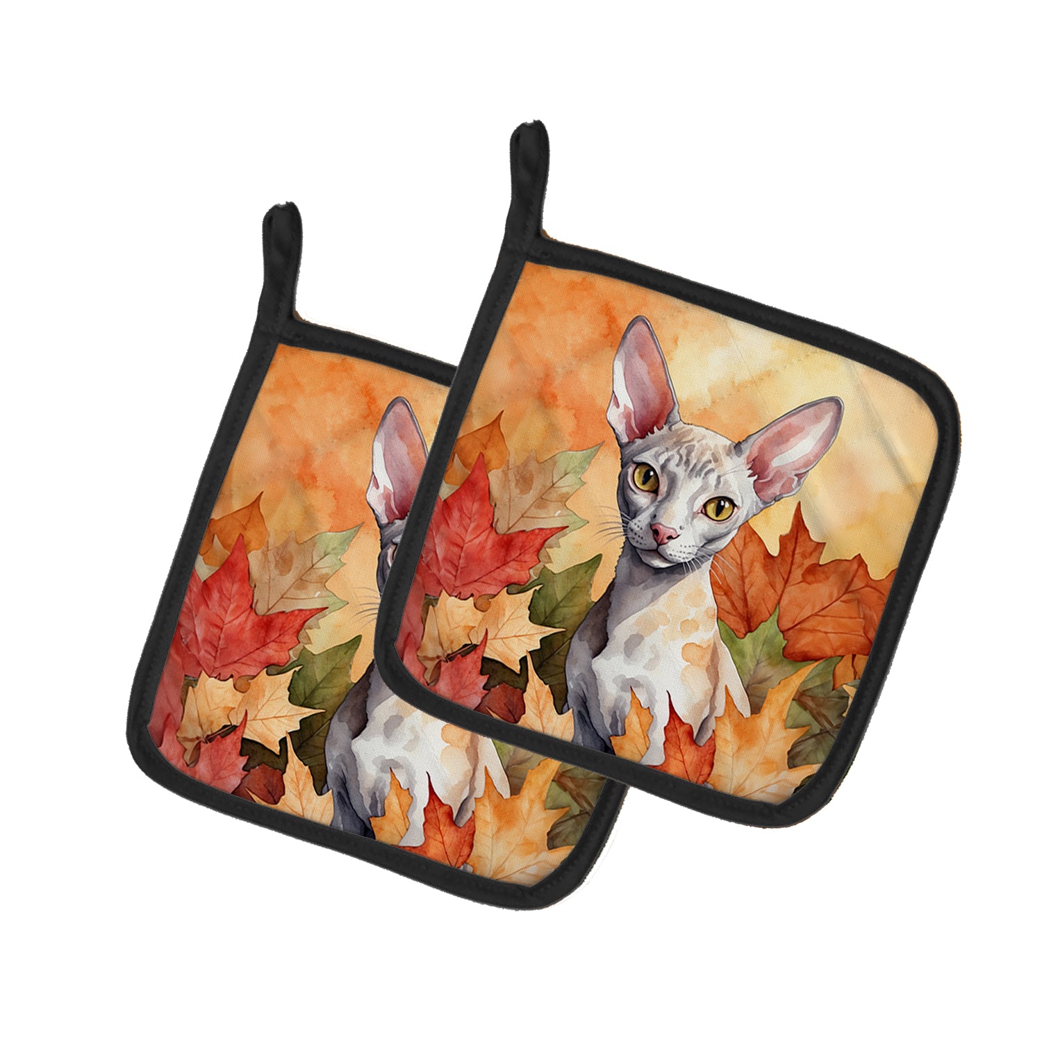 Buy this Cornish Rex Cat in Fall Leaves Pair of Pot Holders