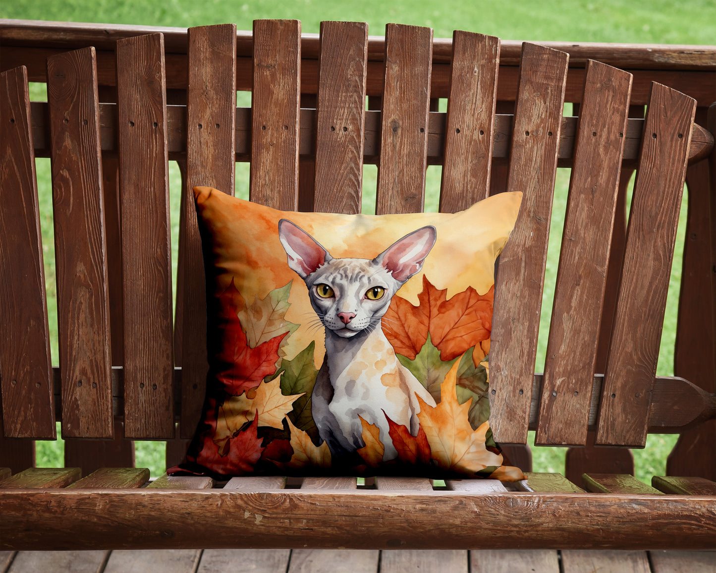Cornish Rex Cat in Fall Leaves Throw Pillow