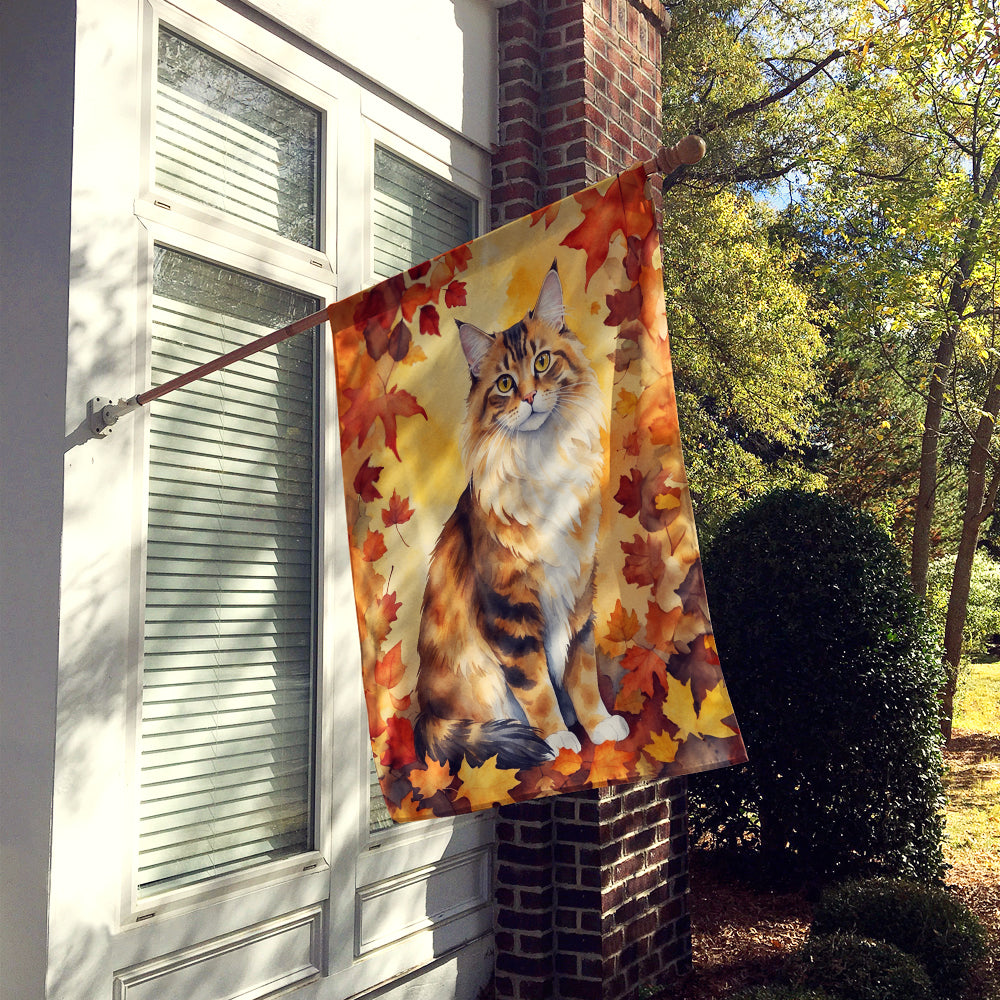 Cymric Cat in Fall Leaves House Flag