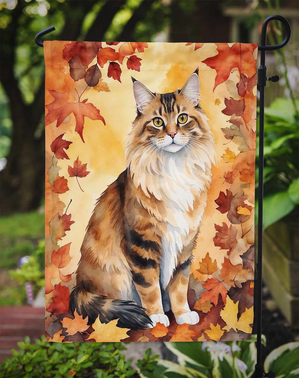 Cymric Cat in Fall Leaves Garden Flag
