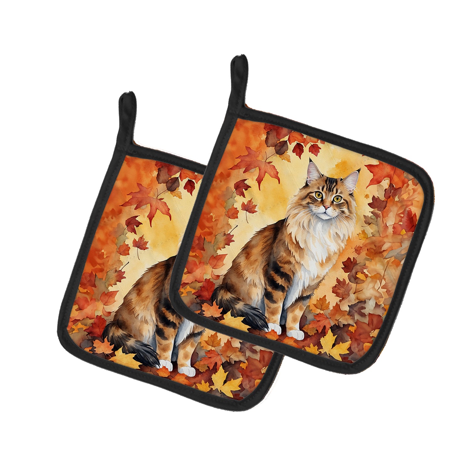 Buy this Cymric Cat in Fall Leaves Pair of Pot Holders