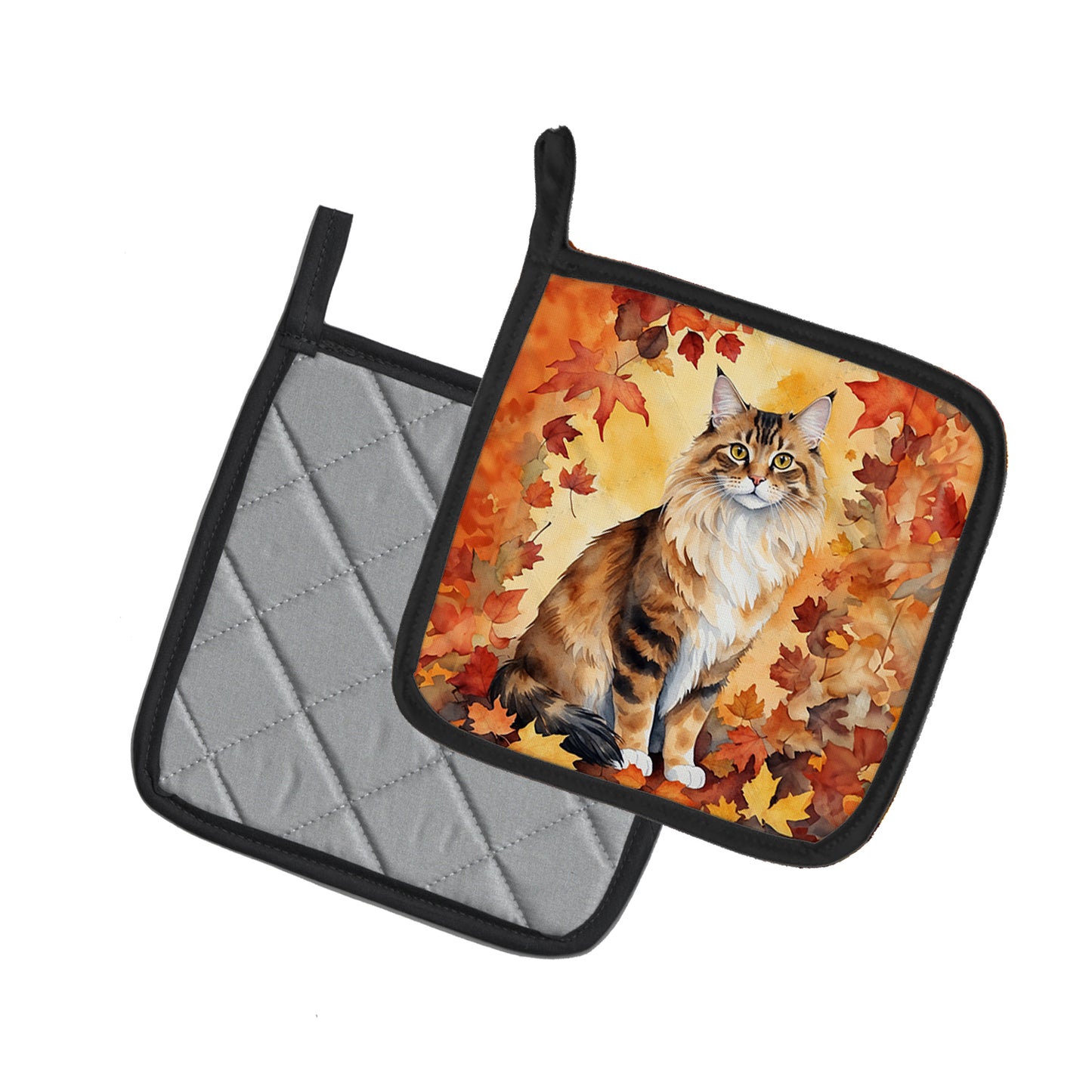 Cymric Cat in Fall Leaves Pair of Pot Holders