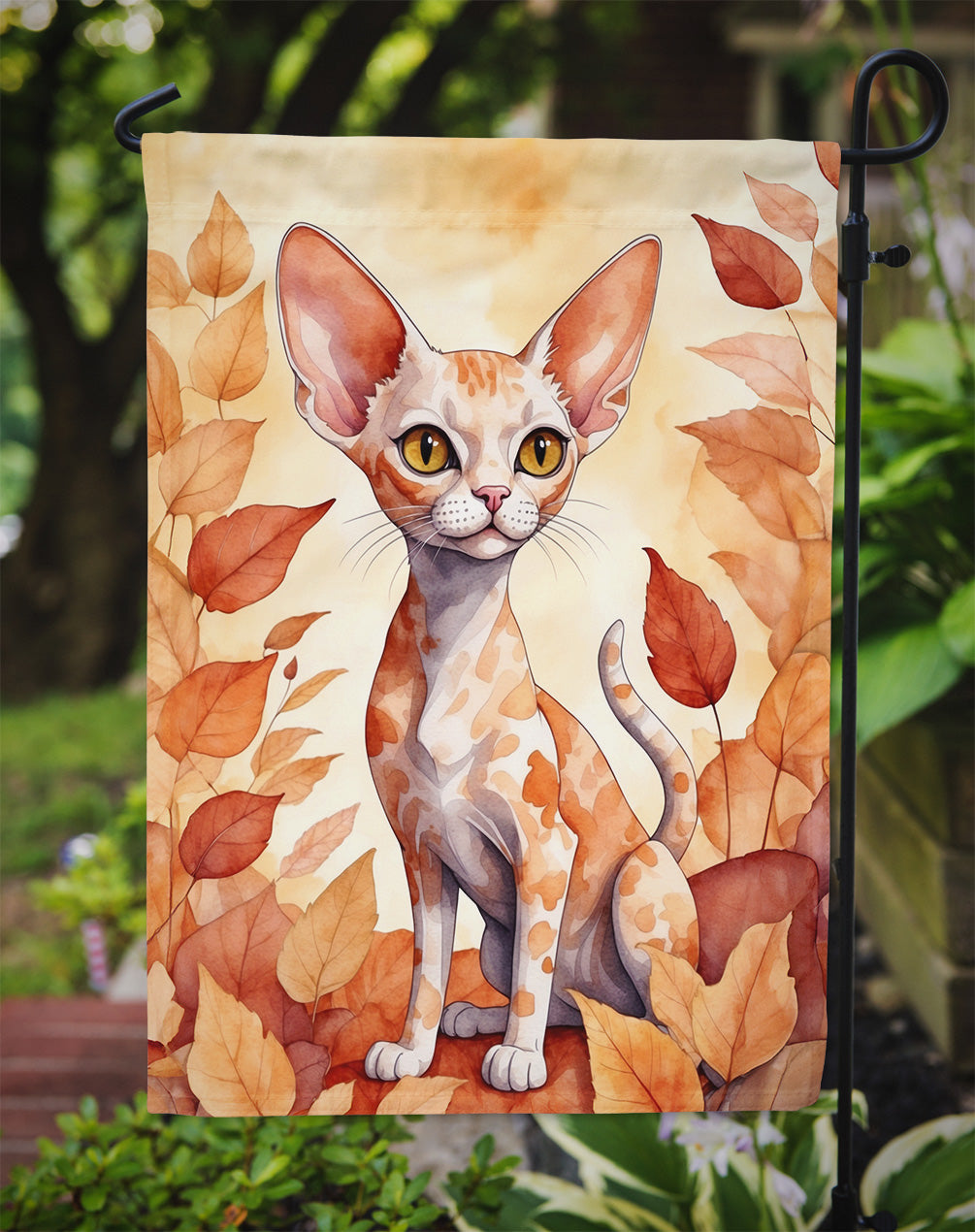 Devon Rex Cat in Fall Leaves Garden Flag
