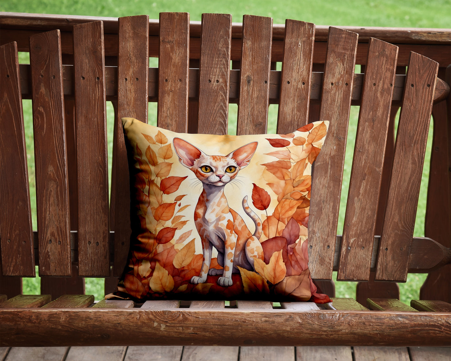 Devon Rex Cat in Fall Leaves Throw Pillow