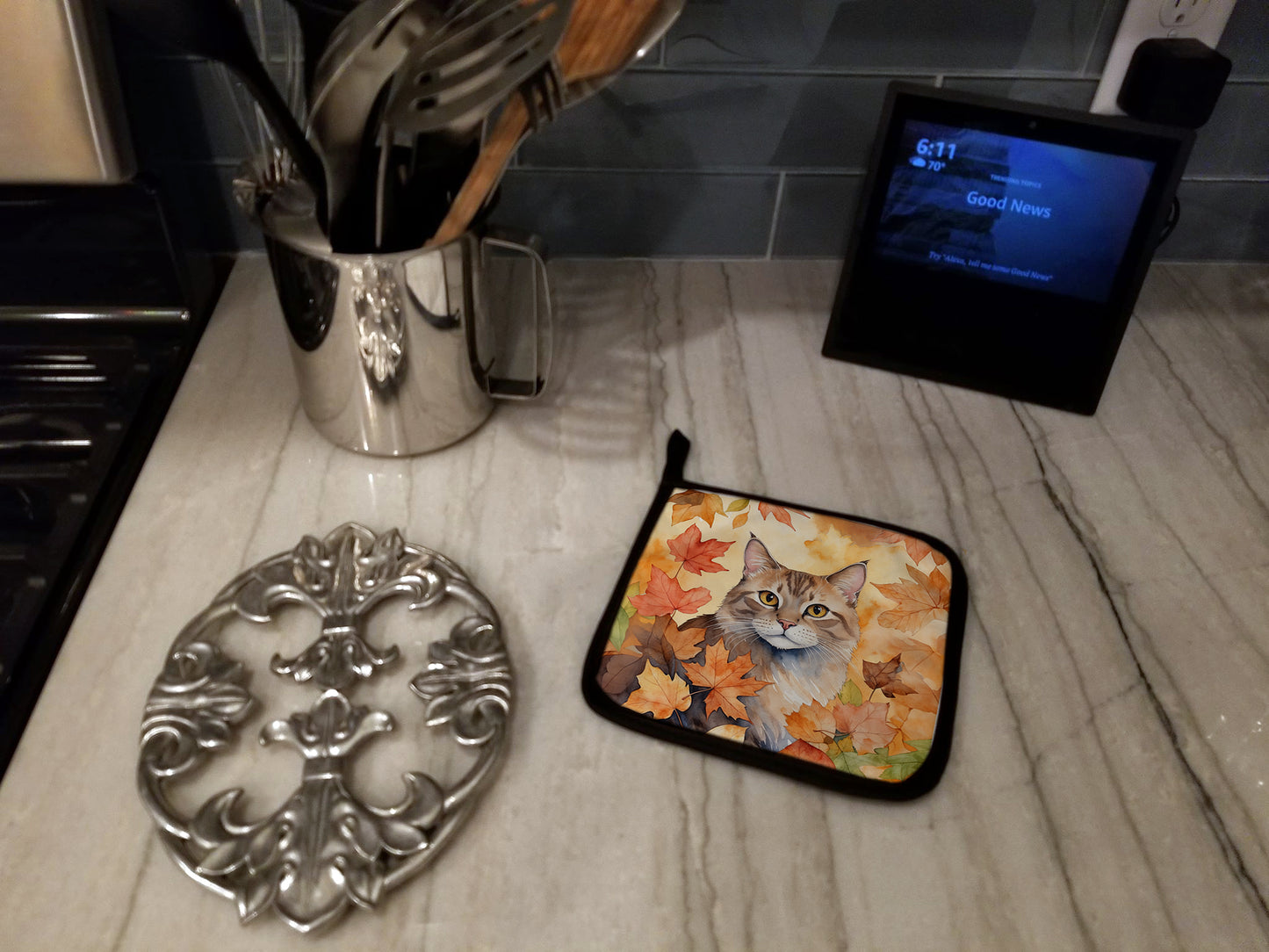 Dwelf Cat in Fall Leaves Pair of Pot Holders