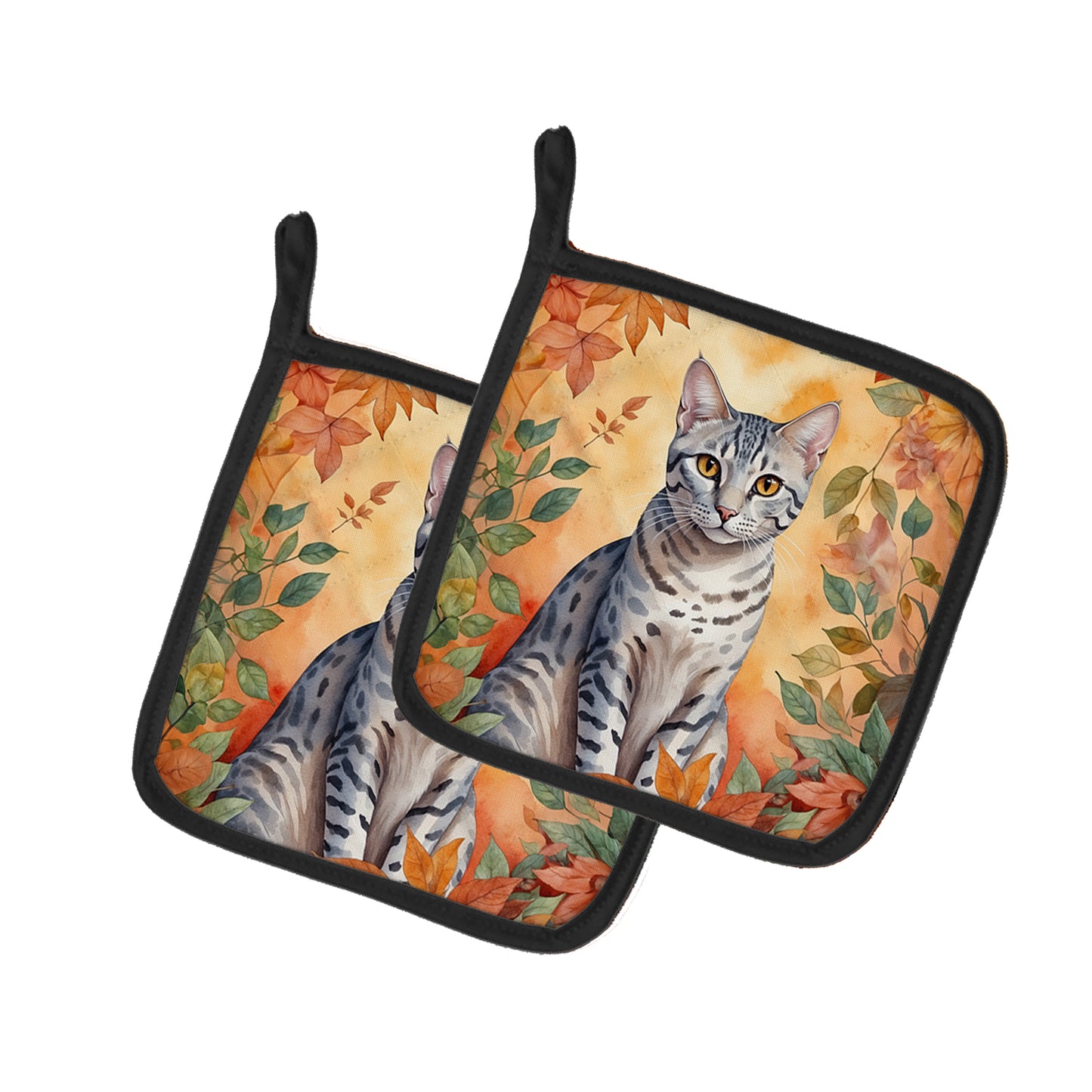 Buy this Egyptian Mau Cat in Fall Leaves Pair of Pot Holders