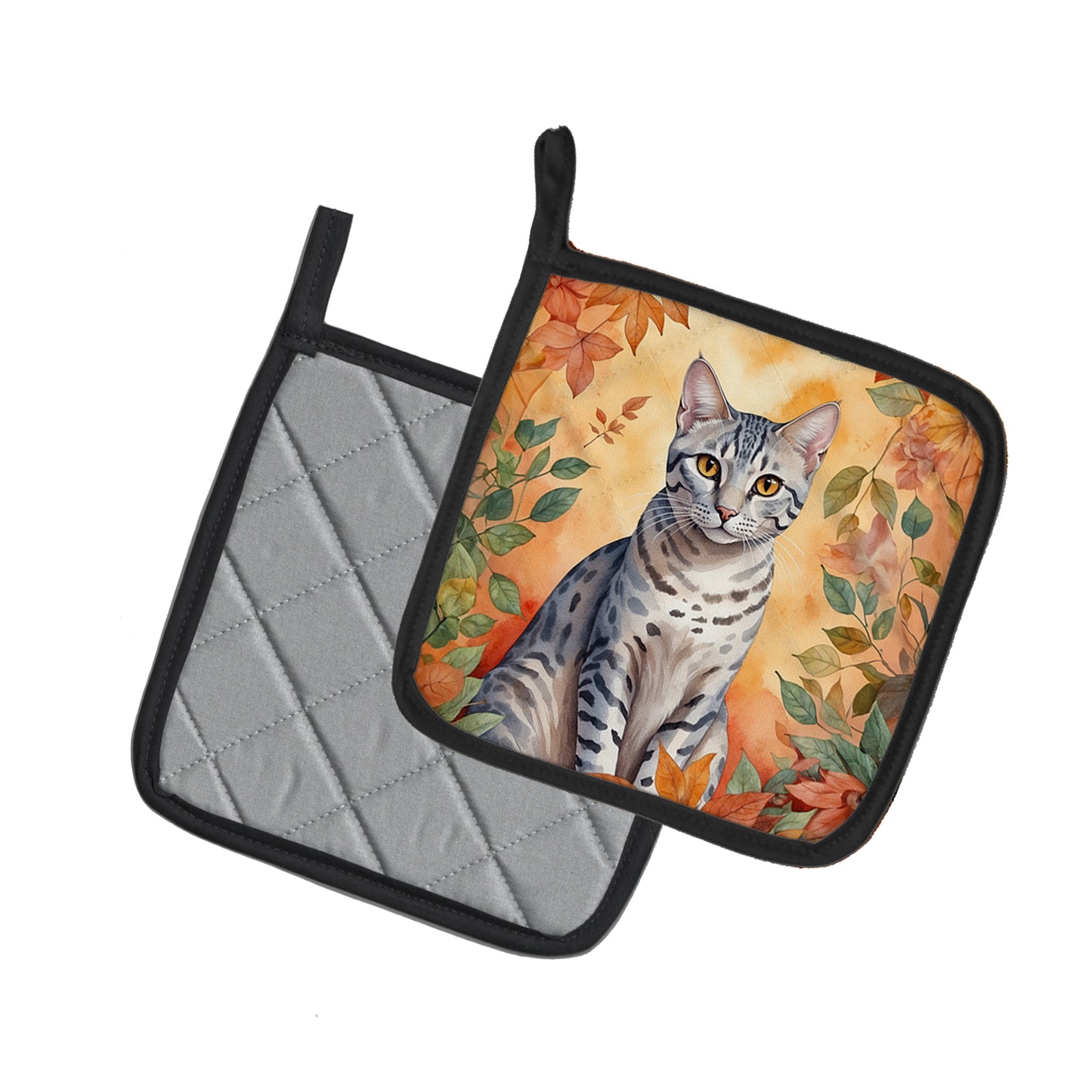 Egyptian Mau Cat in Fall Leaves Pair of Pot Holders