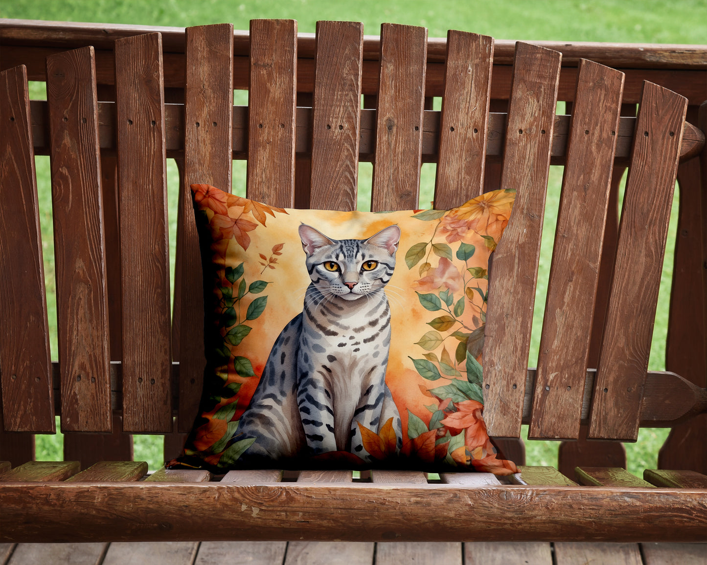 Egyptian Mau Cat in Fall Leaves Throw Pillow