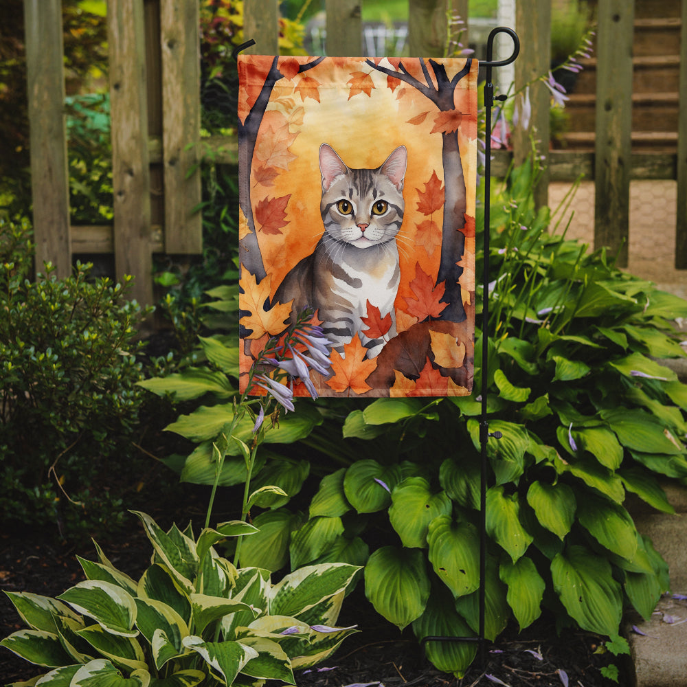 European Shorthair Cat in Fall Leaves Garden Flag