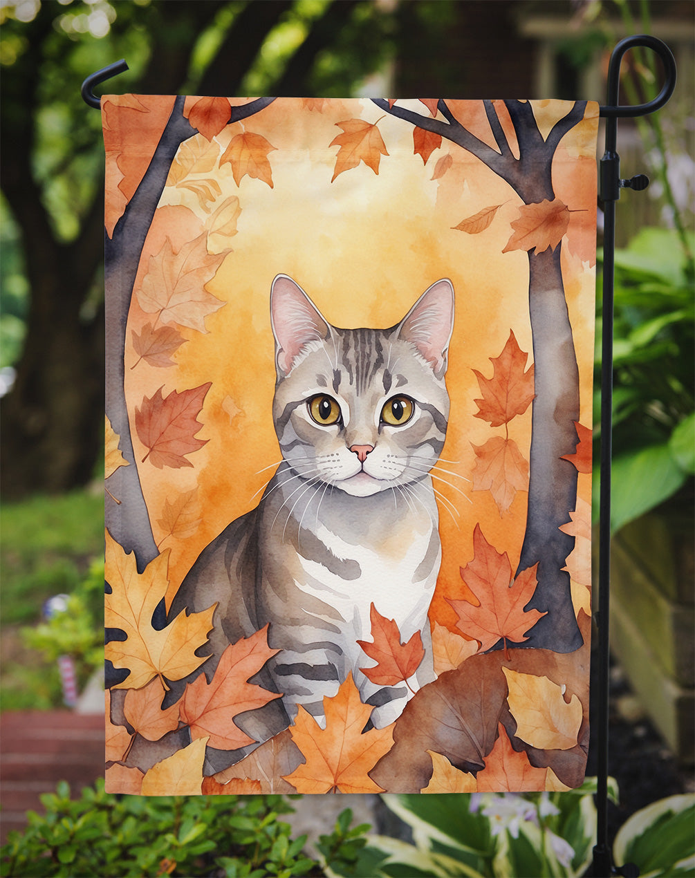 European Shorthair Cat in Fall Leaves Garden Flag