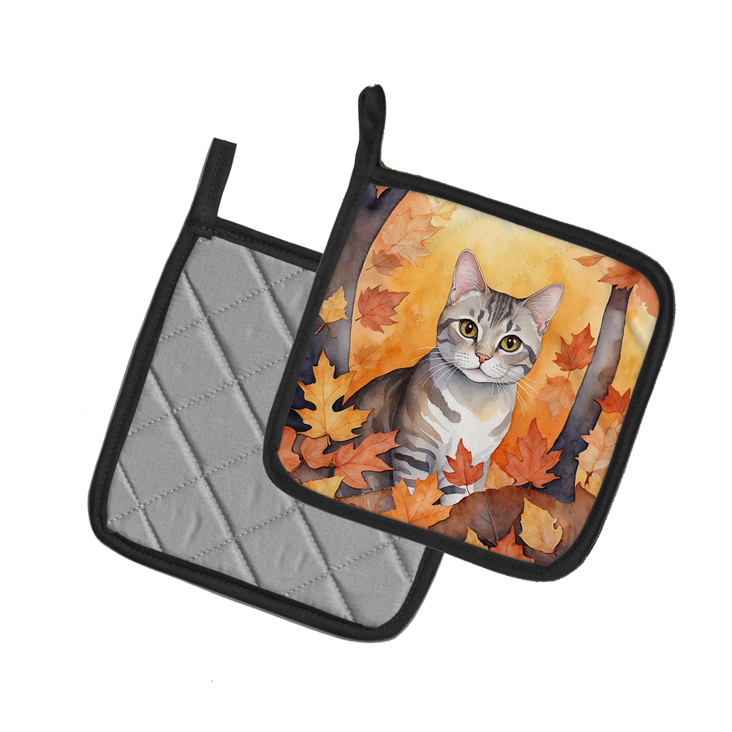 European Shorthair Cat in Fall Leaves Pair of Pot Holders