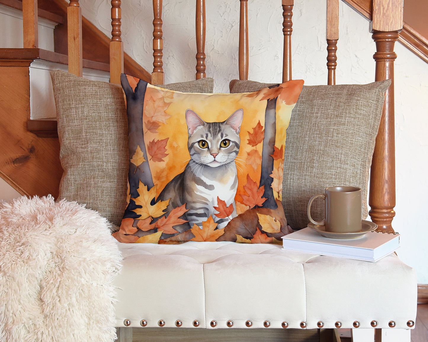 European Shorthair Cat in Fall Leaves Throw Pillow