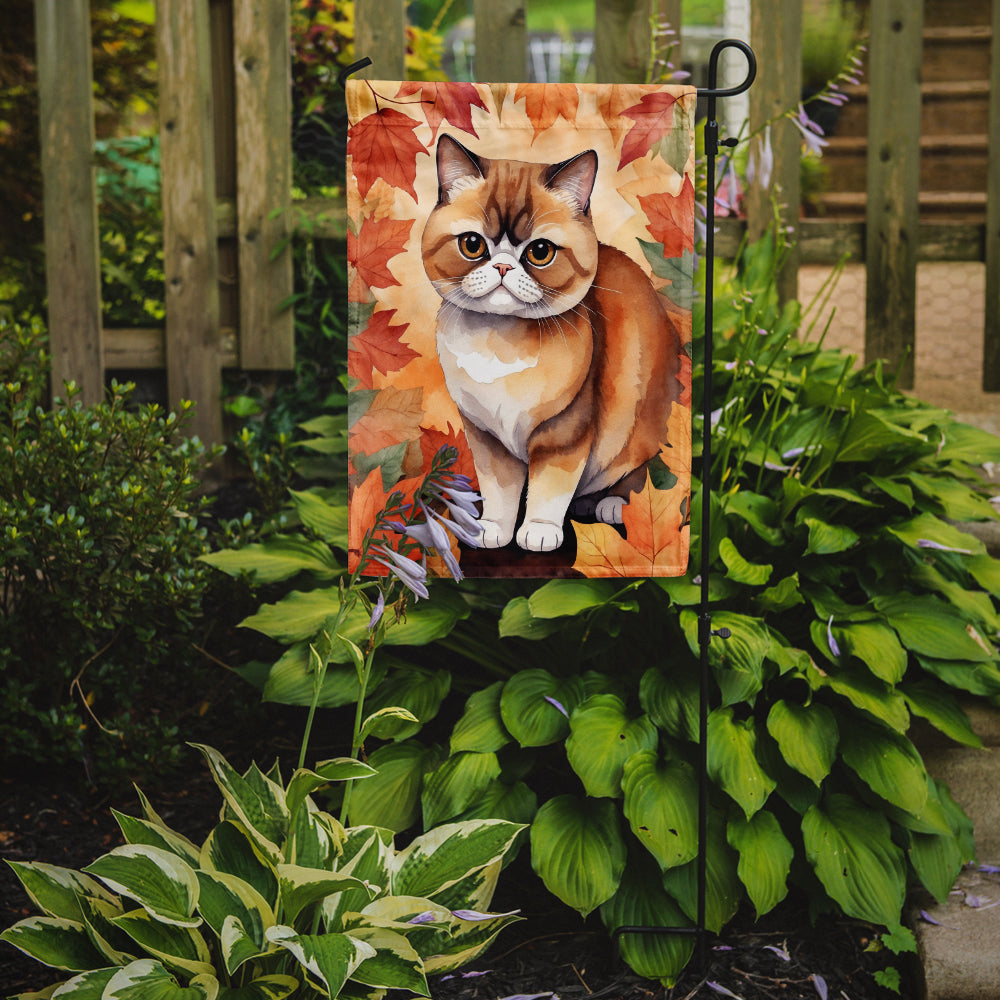 Exotic Shorthair Cat in Fall Leaves Garden Flag