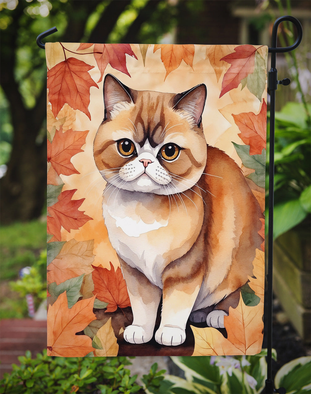 Exotic Shorthair Cat in Fall Leaves Garden Flag