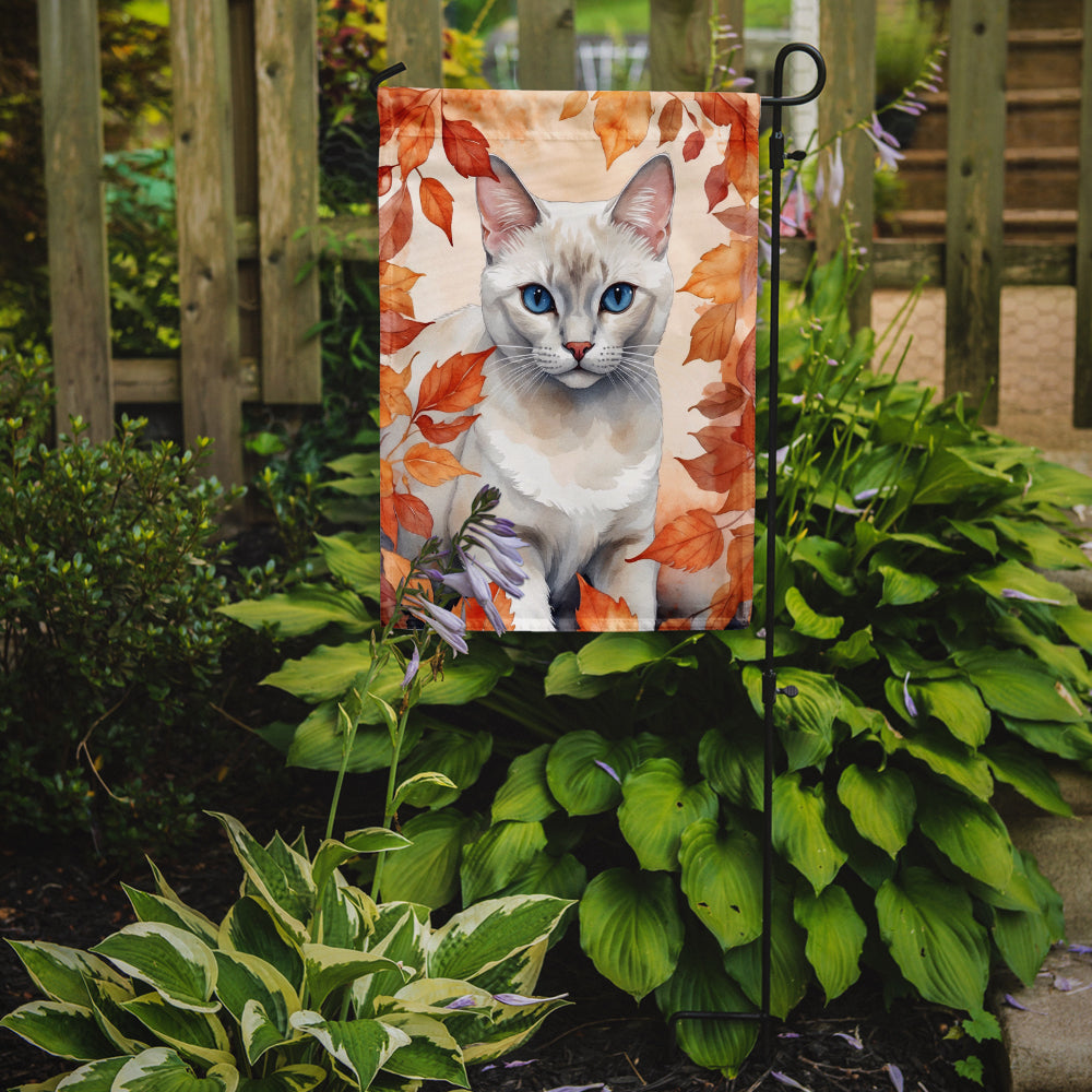 Foreign White Cat in Fall Leaves Garden Flag