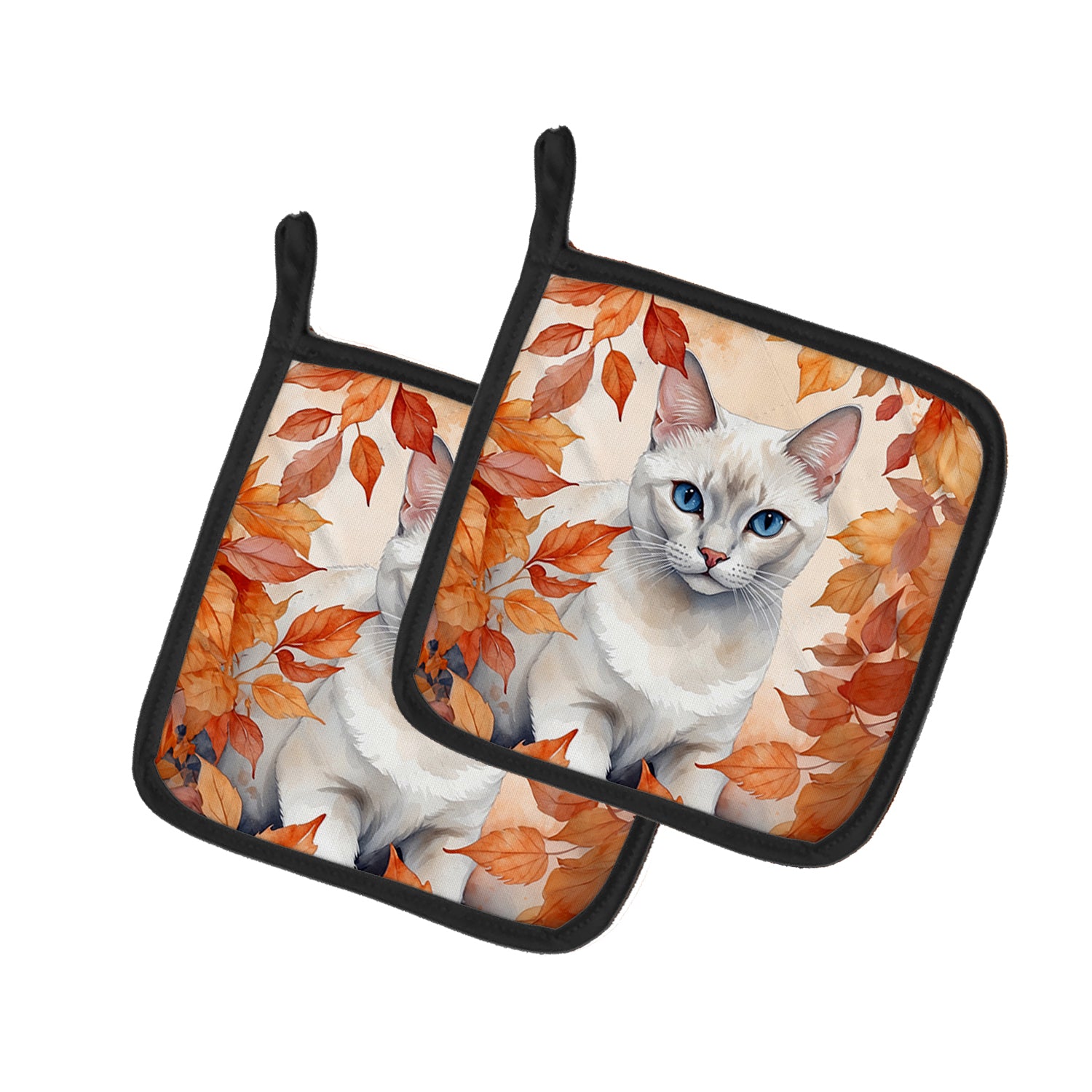 Buy this Foreign White Cat in Fall Leaves Pair of Pot Holders
