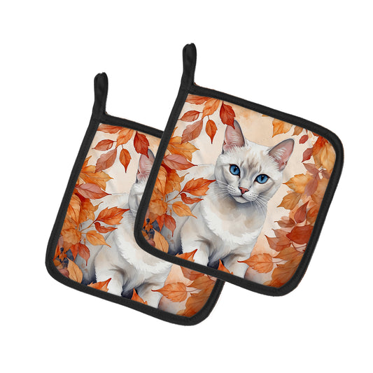 Buy this Foreign White Cat in Fall Leaves Pair of Pot Holders