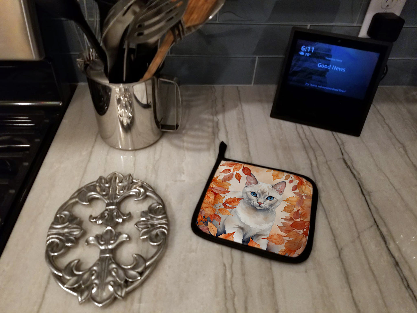 Foreign White Cat in Fall Leaves Pair of Pot Holders