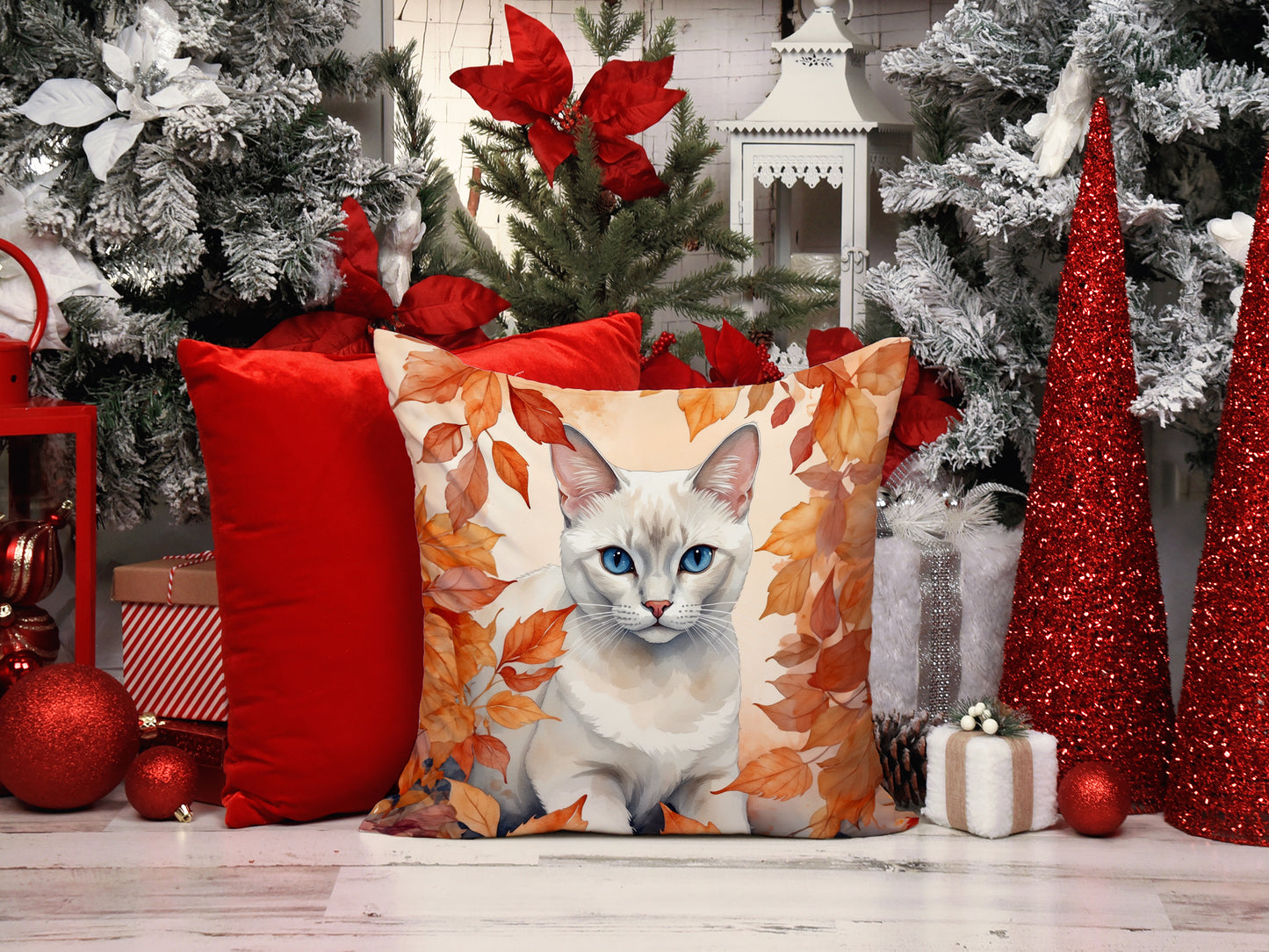 Foreign White Cat in Fall Leaves Throw Pillow