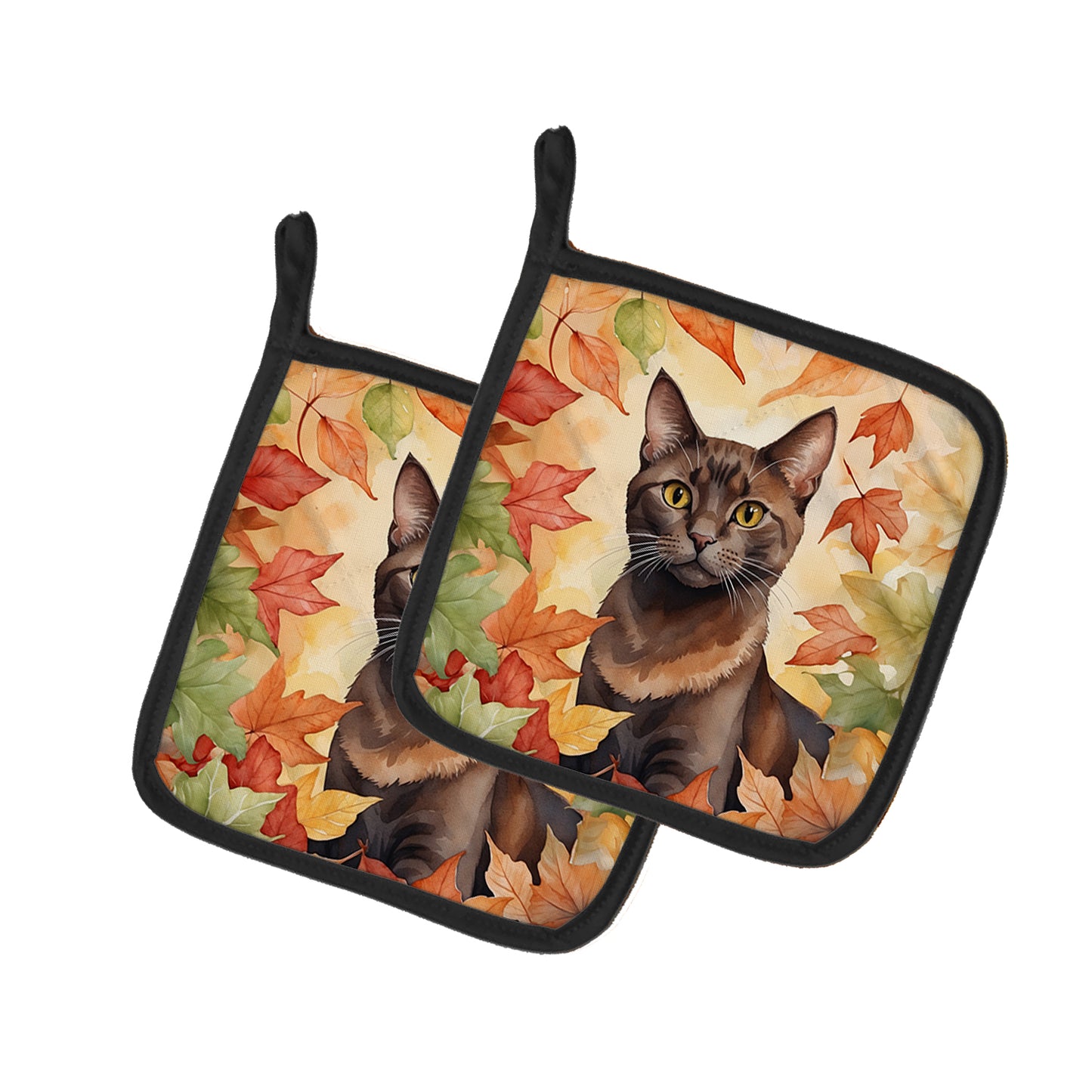 Buy this Havana Brown Cat in Fall Leaves Pair of Pot Holders