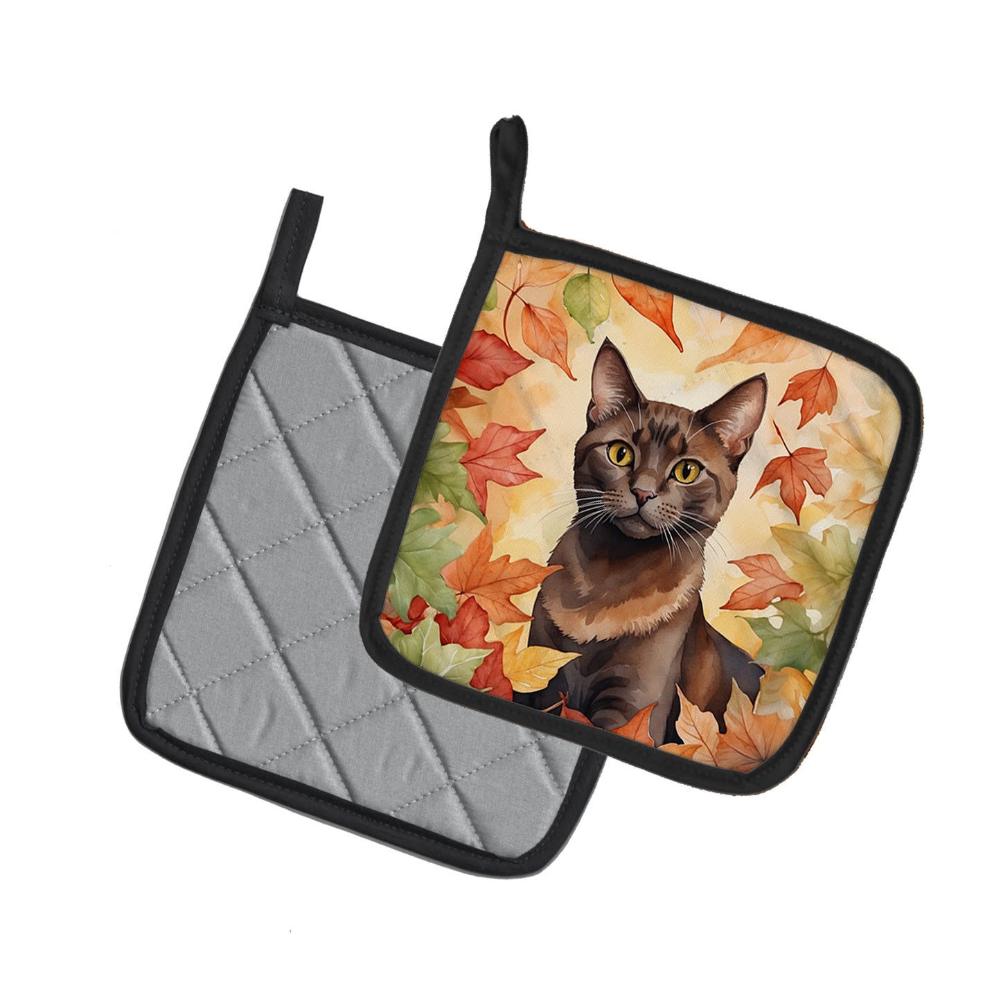 Havana Brown Cat in Fall Leaves Pair of Pot Holders