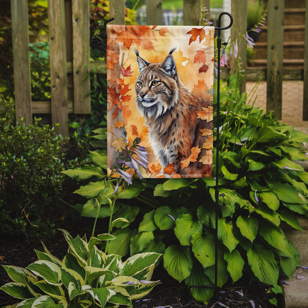 Highlander Lynx Cat in Fall Leaves Garden Flag