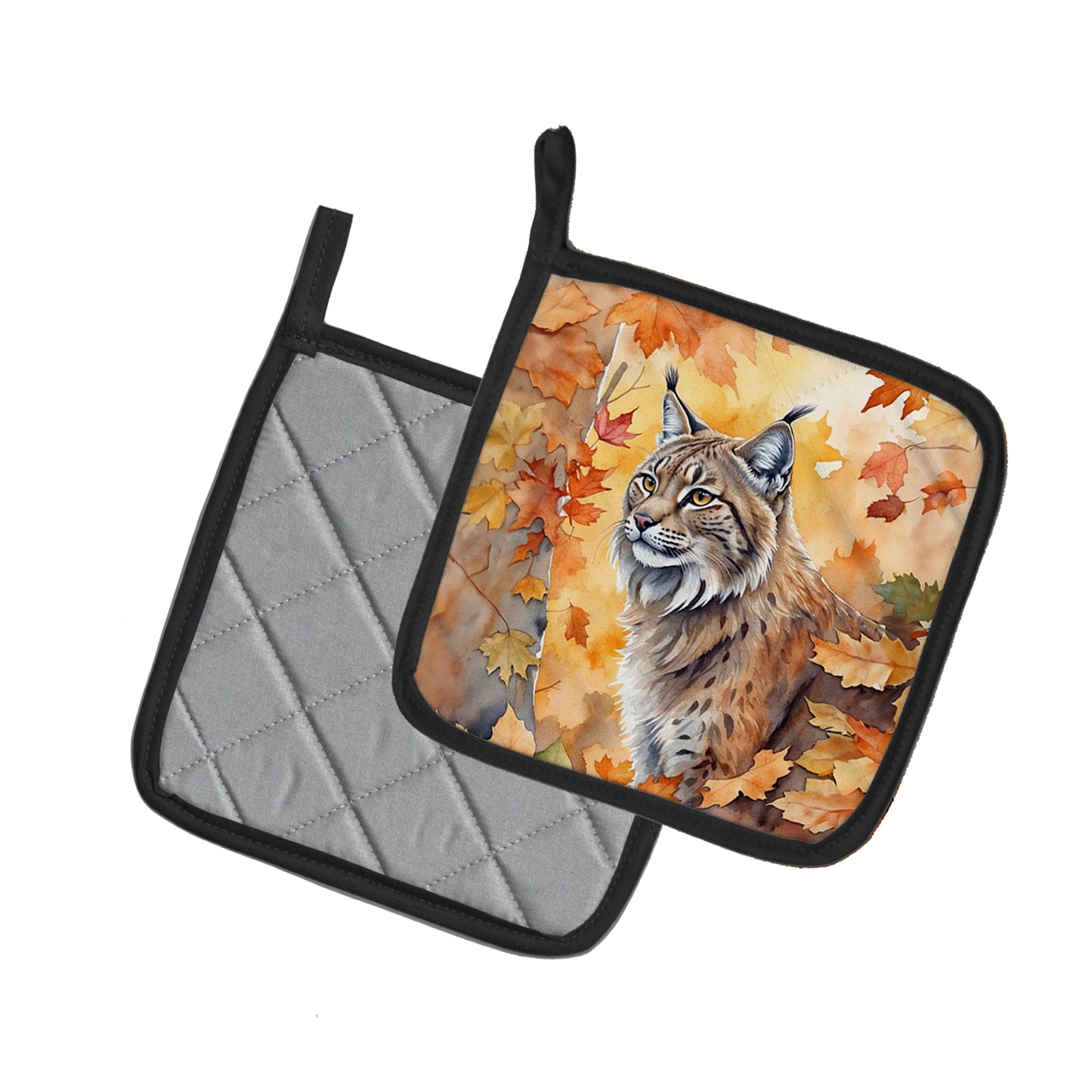 Highlander Lynx Cat in Fall Leaves Pair of Pot Holders