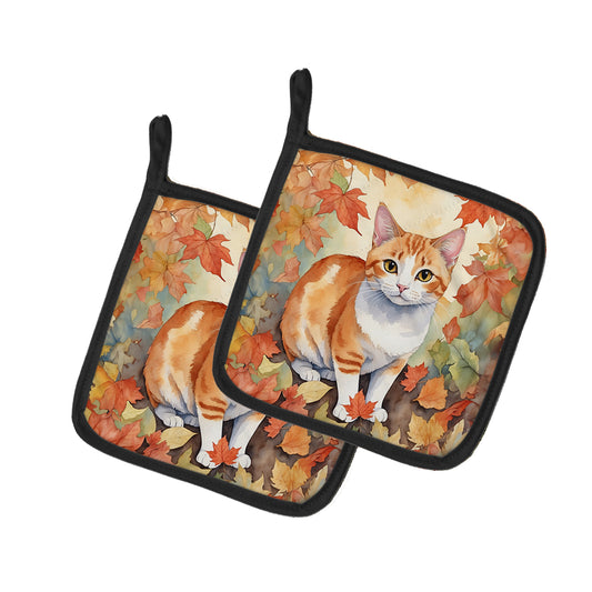 Buy this Japanese Bobtail Cat in Fall Leaves Pair of Pot Holders