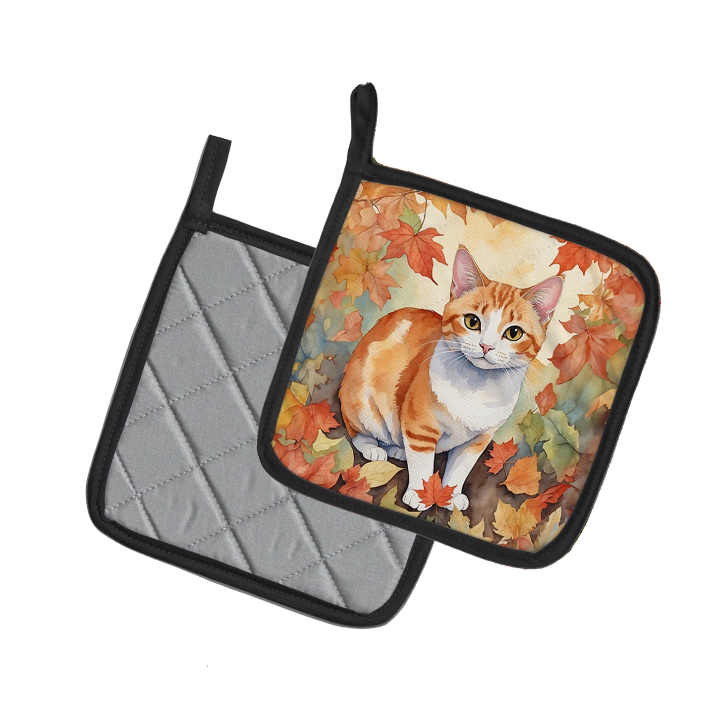 Japanese Bobtail Cat in Fall Leaves Pair of Pot Holders