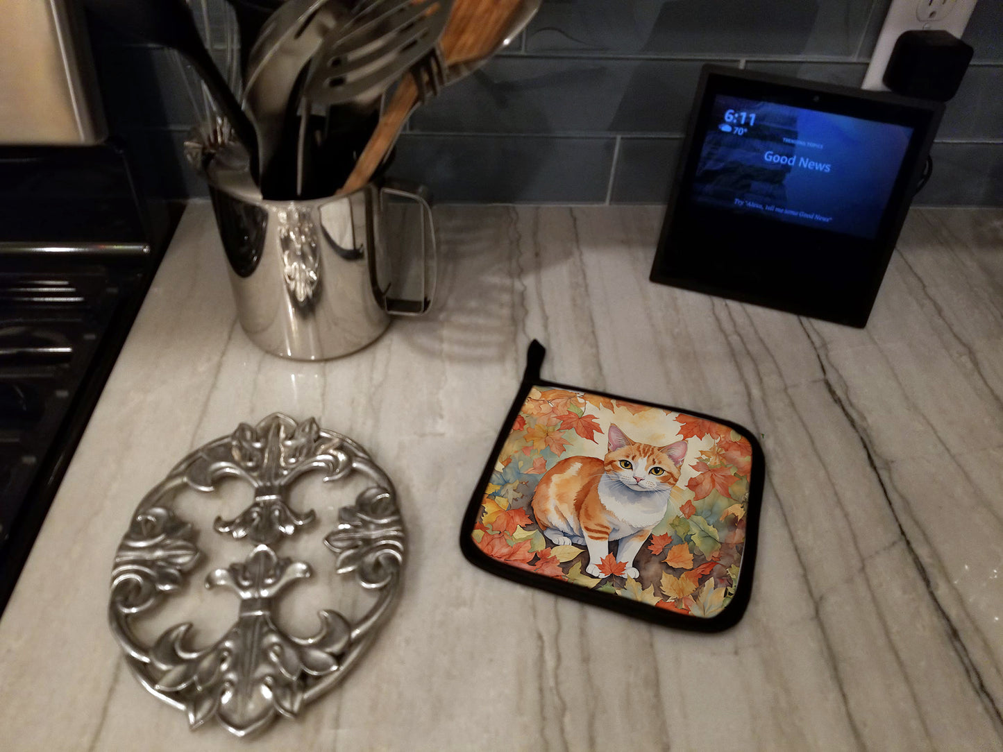 Japanese Bobtail Cat in Fall Leaves Pair of Pot Holders