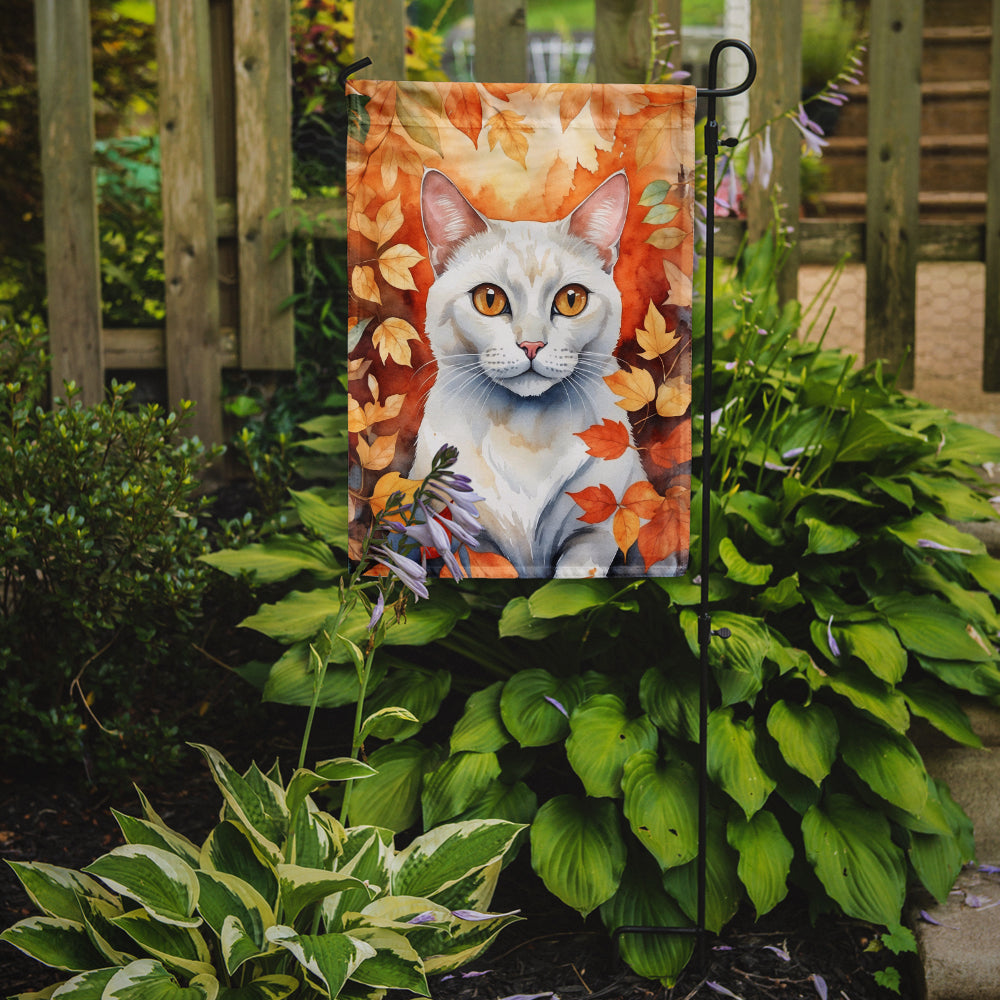 Khao Manee Cat in Fall Leaves Garden Flag