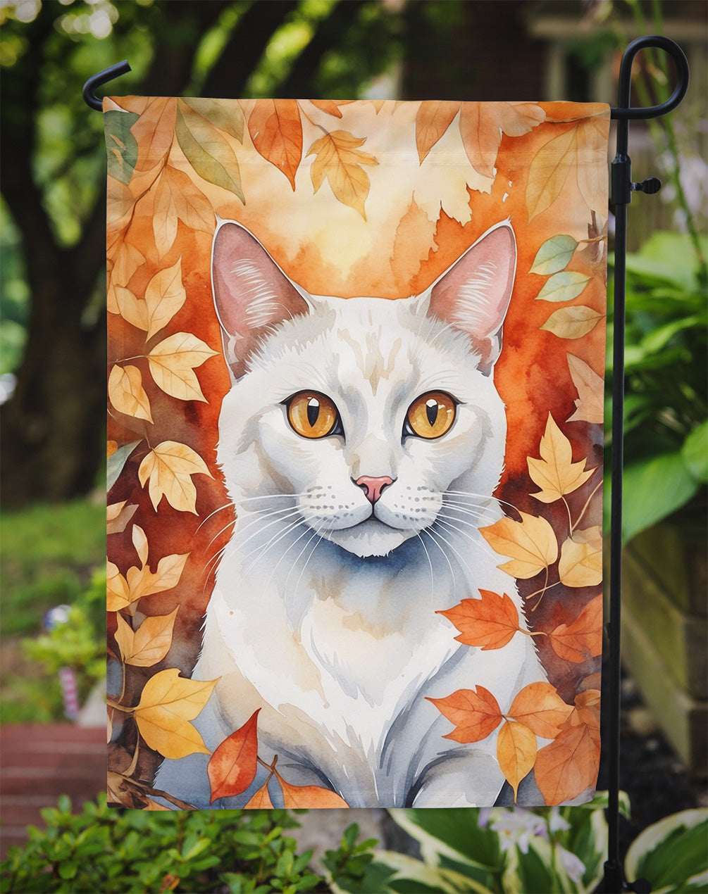 Khao Manee Cat in Fall Leaves Garden Flag