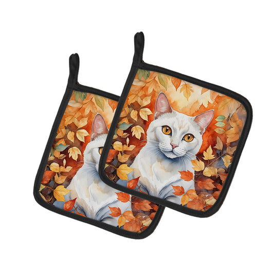 Buy this Khao Manee Cat in Fall Leaves Pair of Pot Holders
