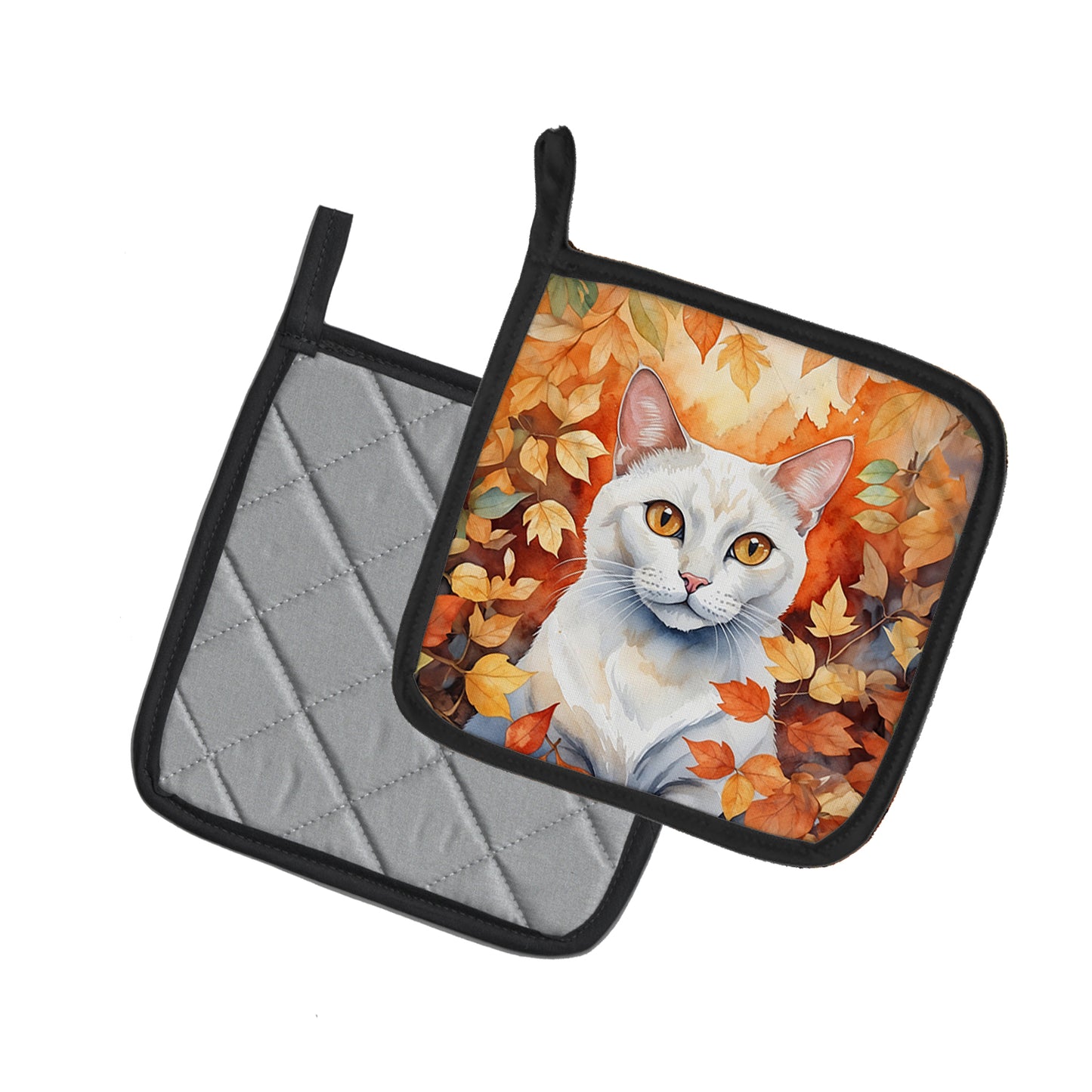 Khao Manee Cat in Fall Leaves Pair of Pot Holders