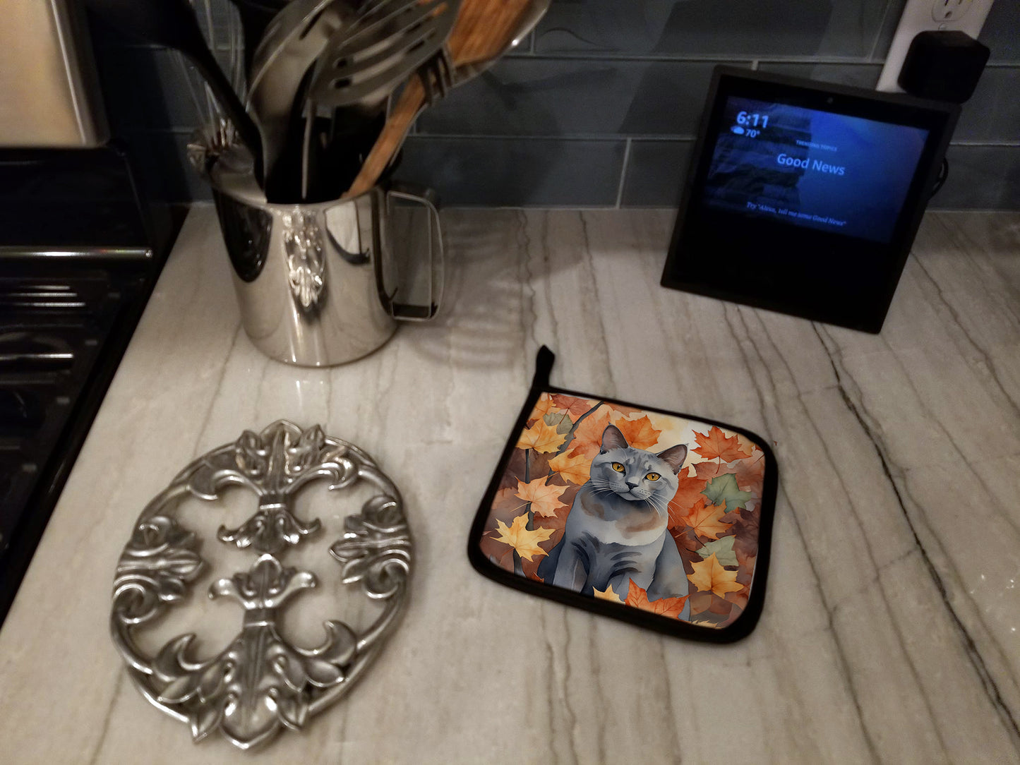 Korat Cat in Fall Leaves Pair of Pot Holders