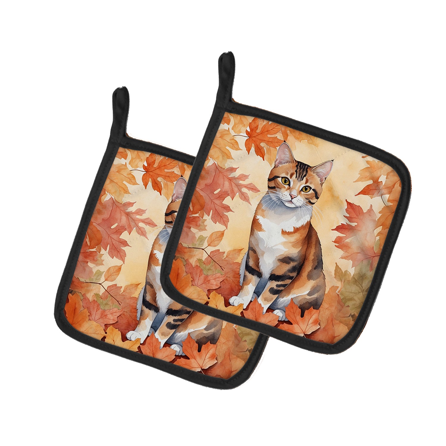 Buy this Korean Bobtail Cat in Fall Leaves Pair of Pot Holders