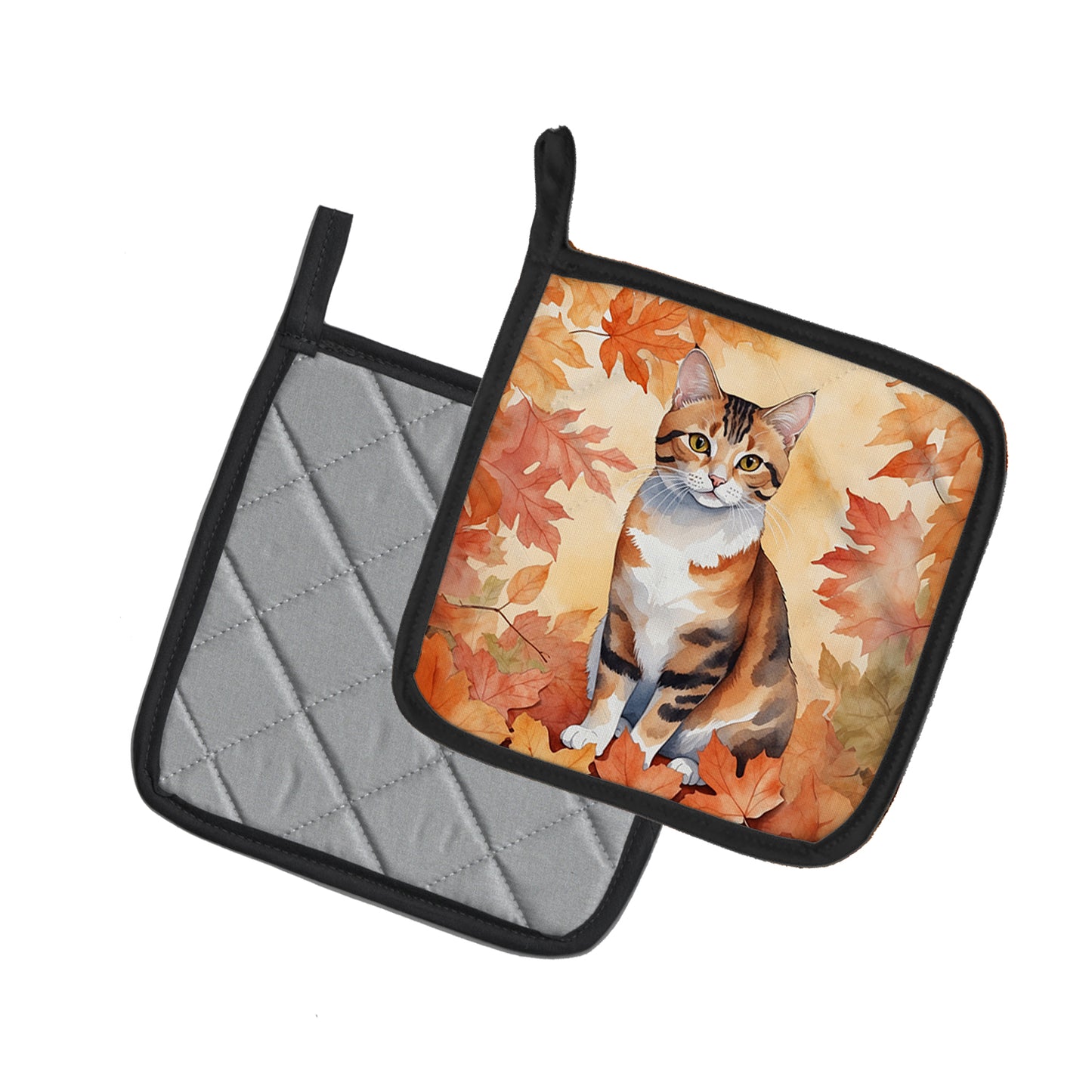 Korean Bobtail Cat in Fall Leaves Pair of Pot Holders