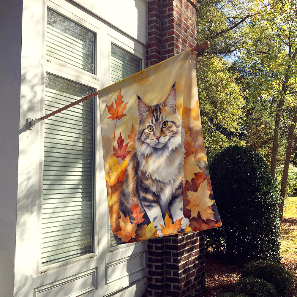 Kurilian Bobtail Cat in Fall Leaves House Flag
