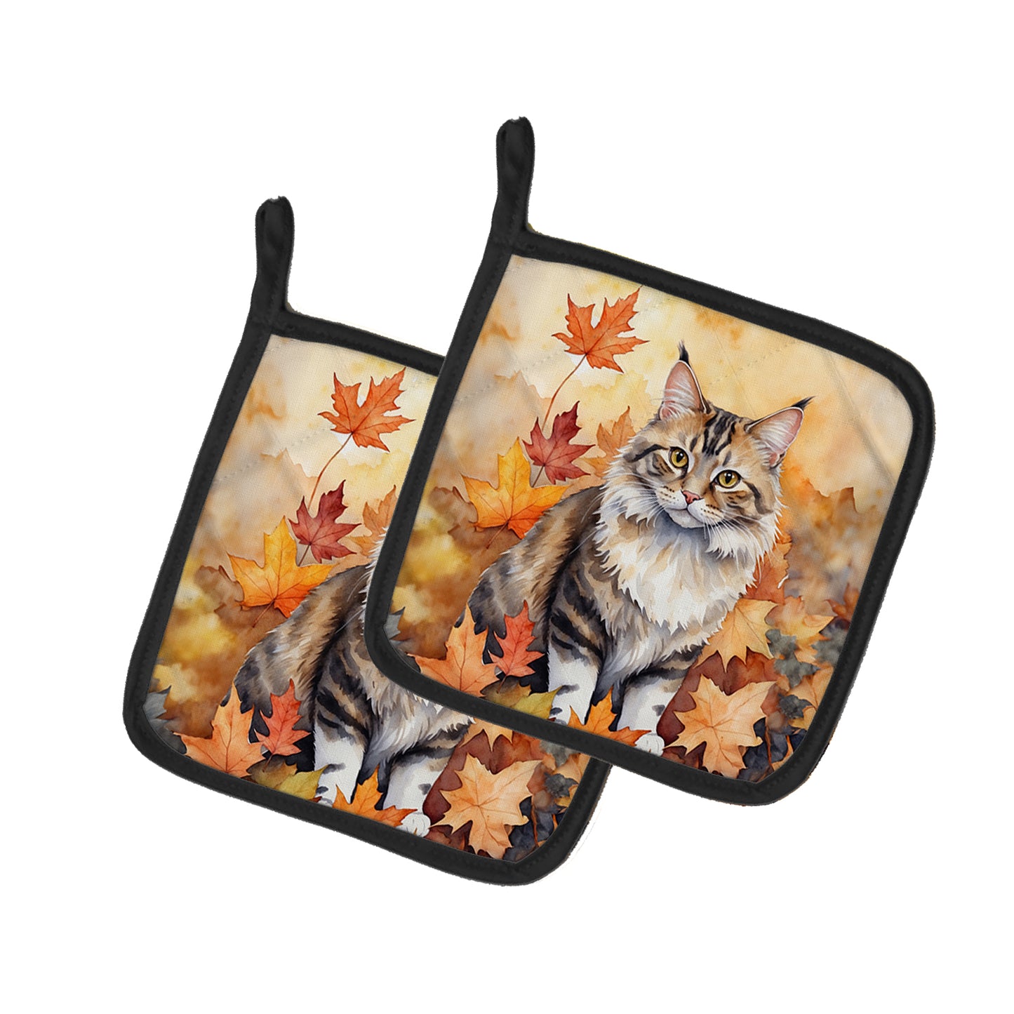 Buy this Kurilian Bobtail Cat in Fall Leaves Pair of Pot Holders