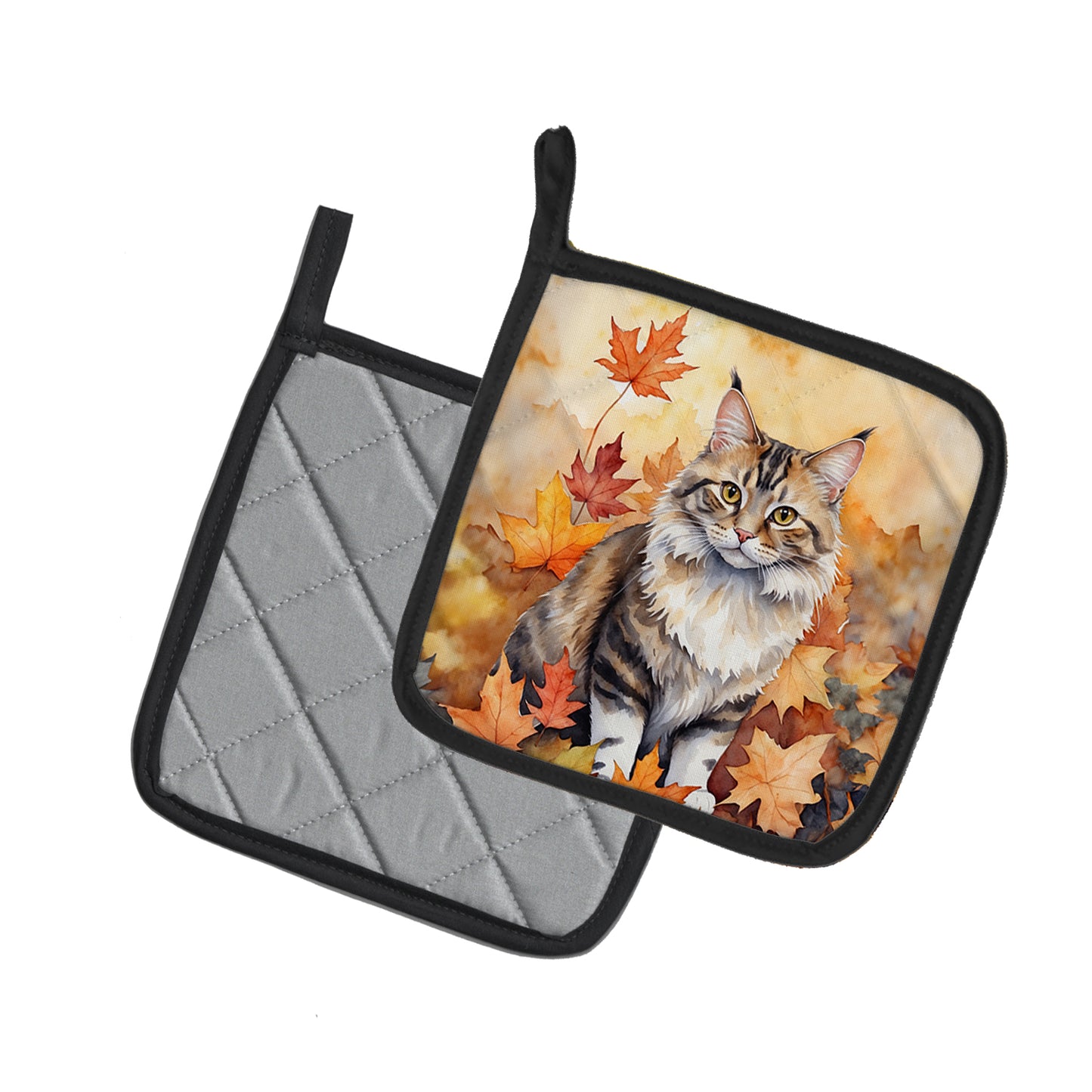 Kurilian Bobtail Cat in Fall Leaves Pair of Pot Holders