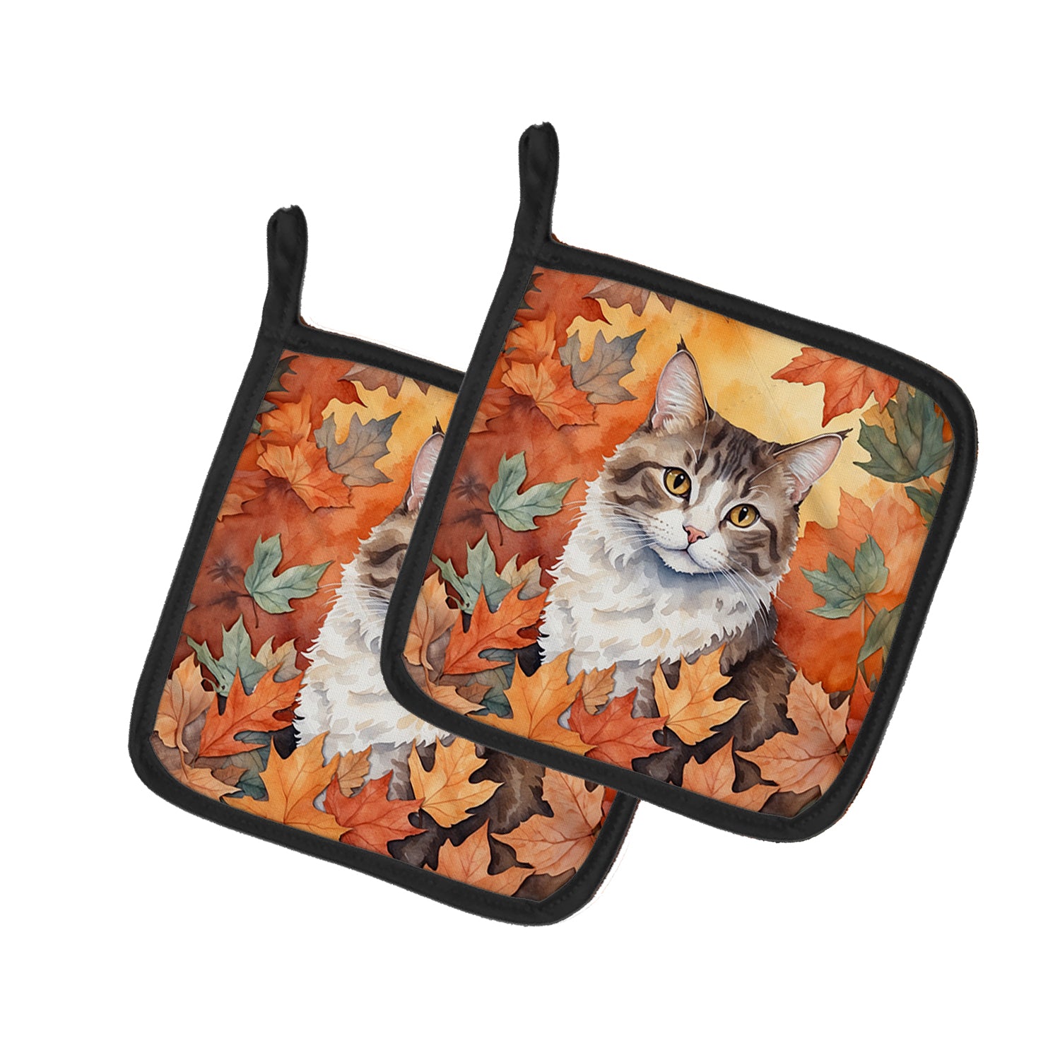 Buy this La Perm Cat in Fall Leaves Pair of Pot Holders