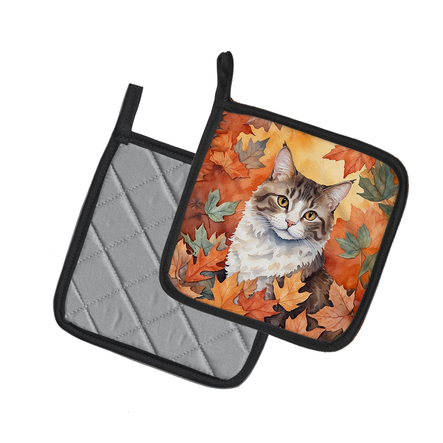 La Perm Cat in Fall Leaves Pair of Pot Holders